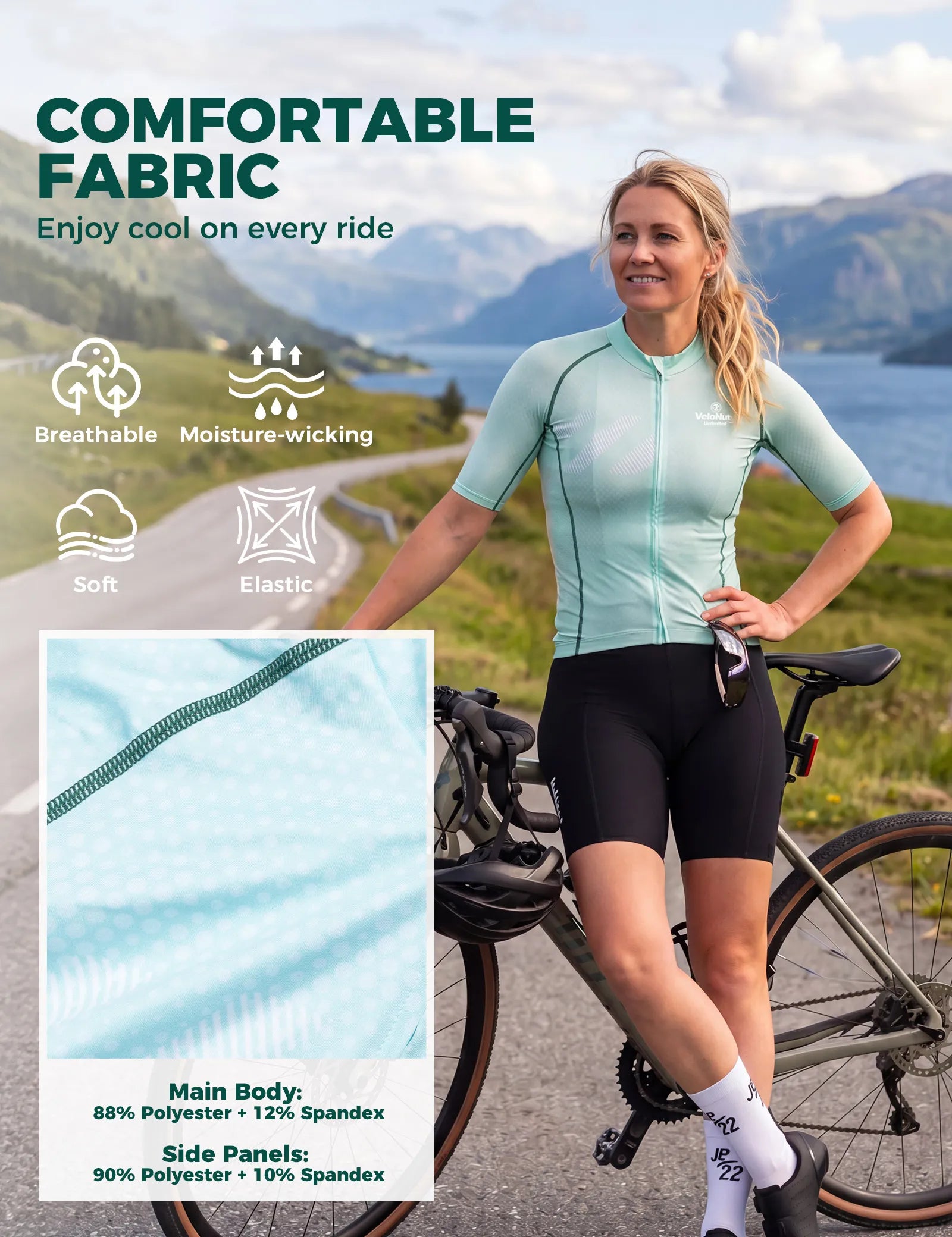 Rockbros Women's Short Sleeve Cycling Jersey in Iguana green pattern - Front view.
#color_light green