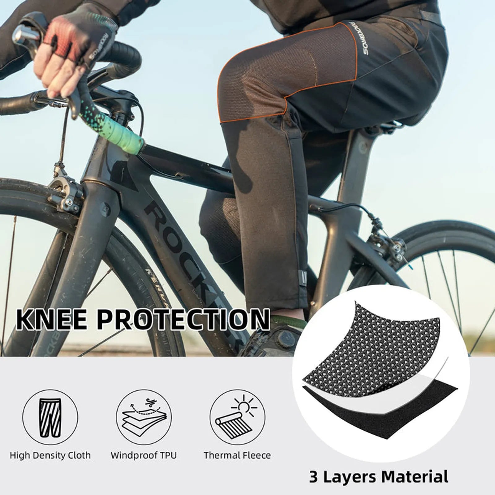 Thermal fleece lining inside ROCKBROS YPK030 winter cycling pants for cold weather warmth.