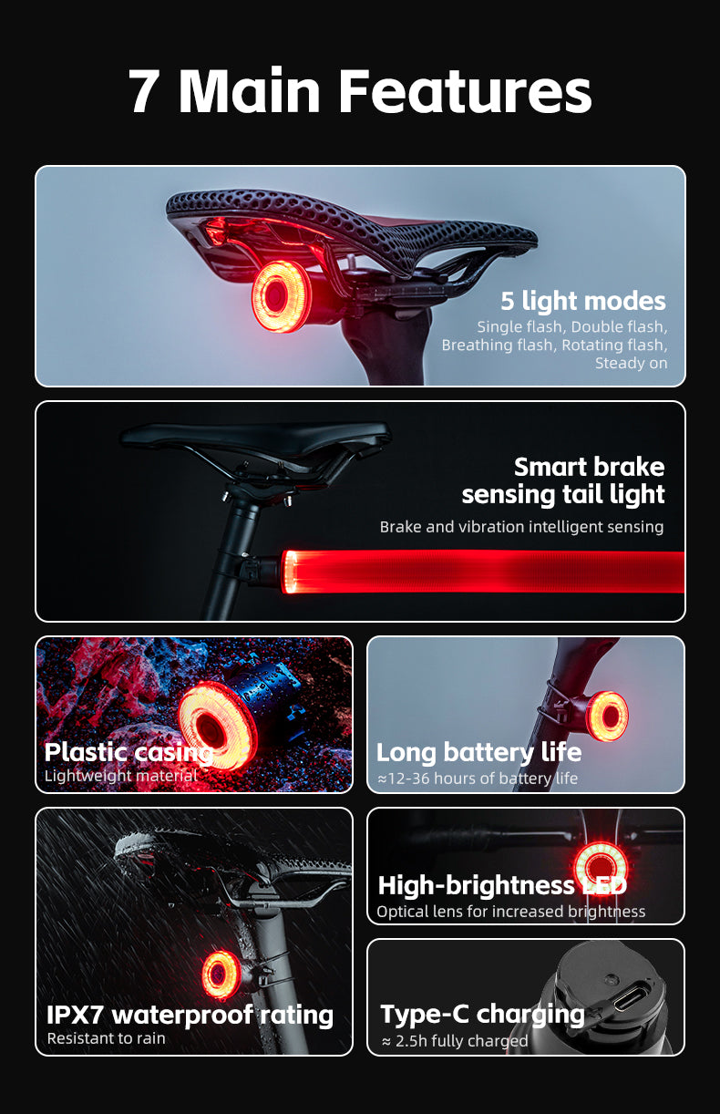ROCKBROS Upgraded Smart Bicycle Brake Light USB-C Rechargeable IPX7 Waterproof Cycling Rear Light