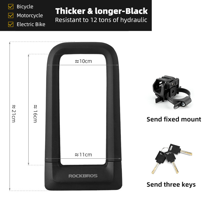 ROCKBROS Motorcycle Bicycle U-Lock Anti-Theft Thickened MTB Bike Lock Alloy Steel 3 Keys