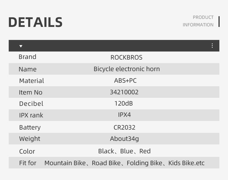 ROCKBROS Bicycle Bike Electronic Horn 100dB Cycling Bell Alarm Ring Waterproof
