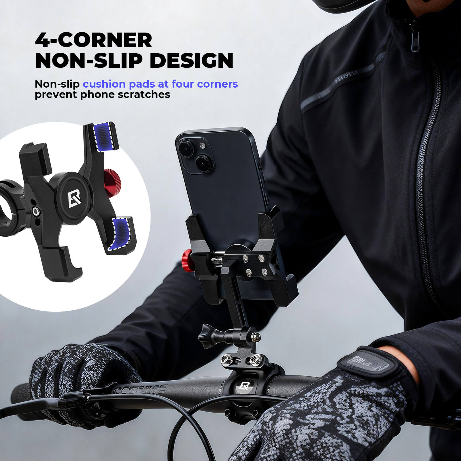Durable ROCKBROS metal bicycle phone mount for bumpy roads.
#Mounting Style_Handlebar Clamp Mount
