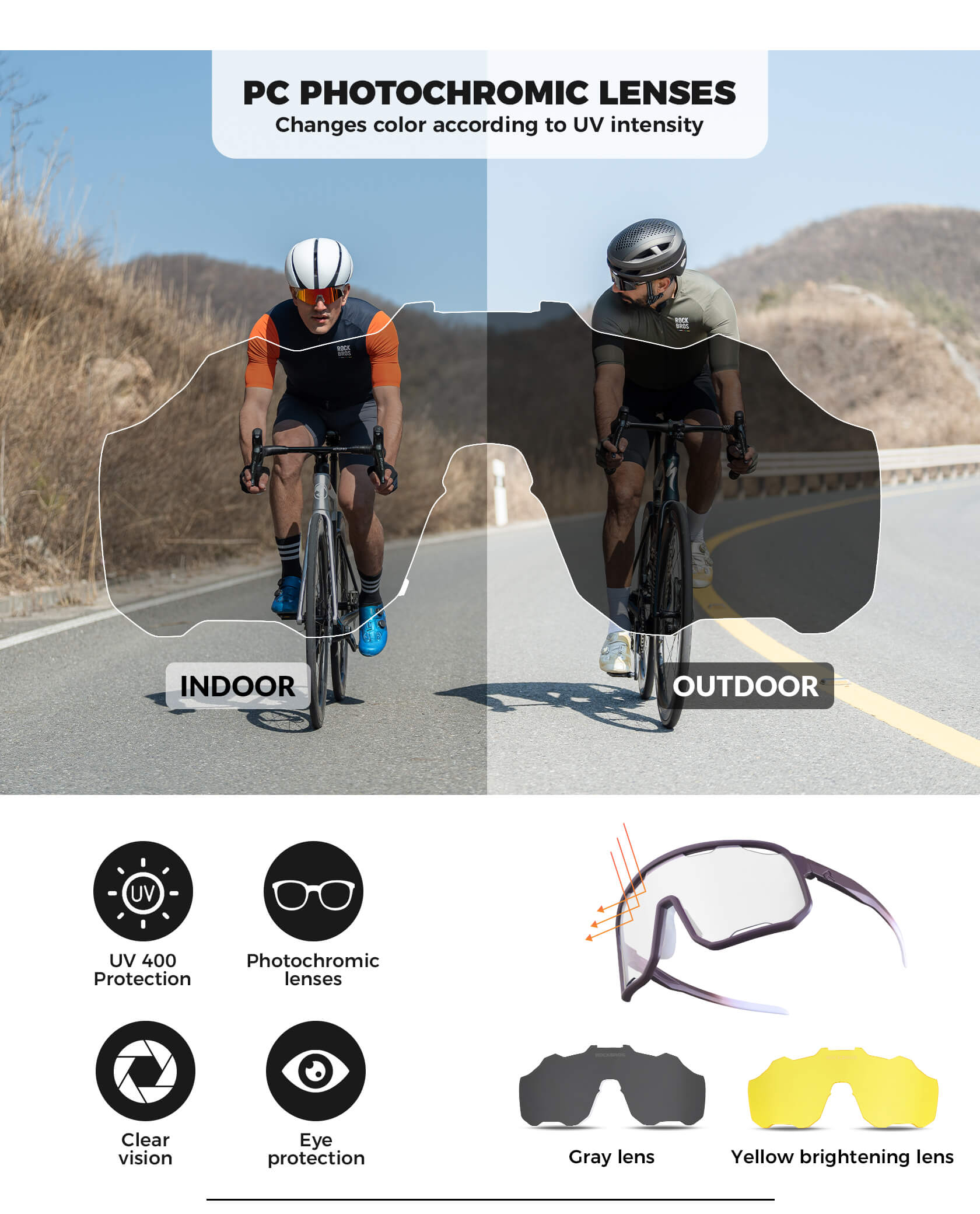 ROCKBROS photochromic sunglasses, UV400 protection, transparent cycling glasses, windproof, TR90 frame, ideal for outdoor sports 
#Color_Mauve