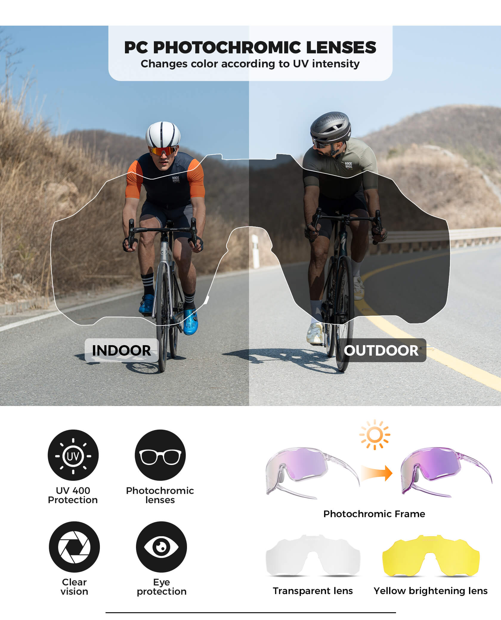ROCKBROS photochromic sunglasses, UV400 protection, transparent cycling glasses, windproof, TR90 frame, ideal for outdoor sports
 #Color_Lavender