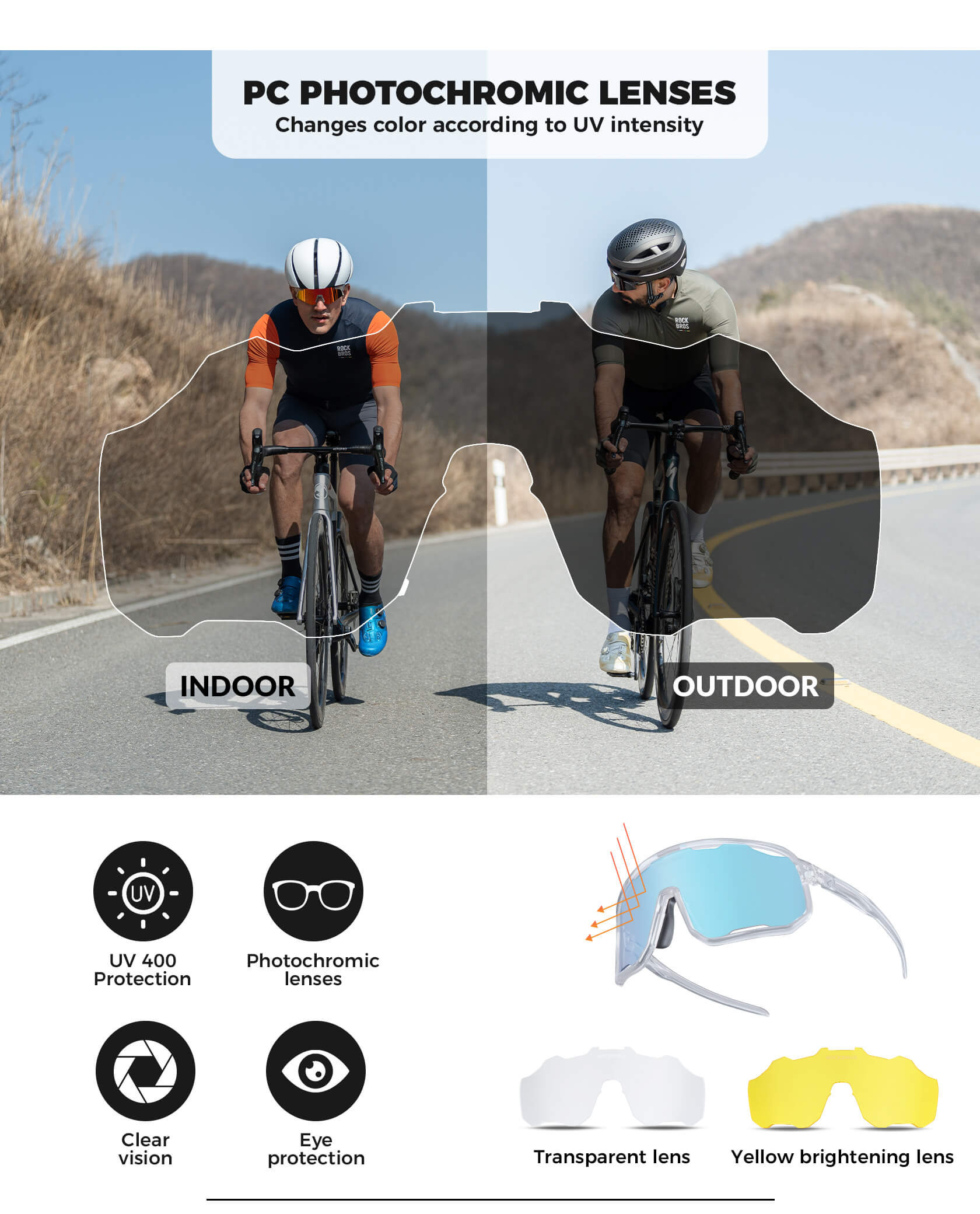ROCKBROS photochromic sunglasses, UV400 protection, transparent cycling glasses, windproof, TR90 frame, ideal for outdoor sports 
#Color_baby-blue