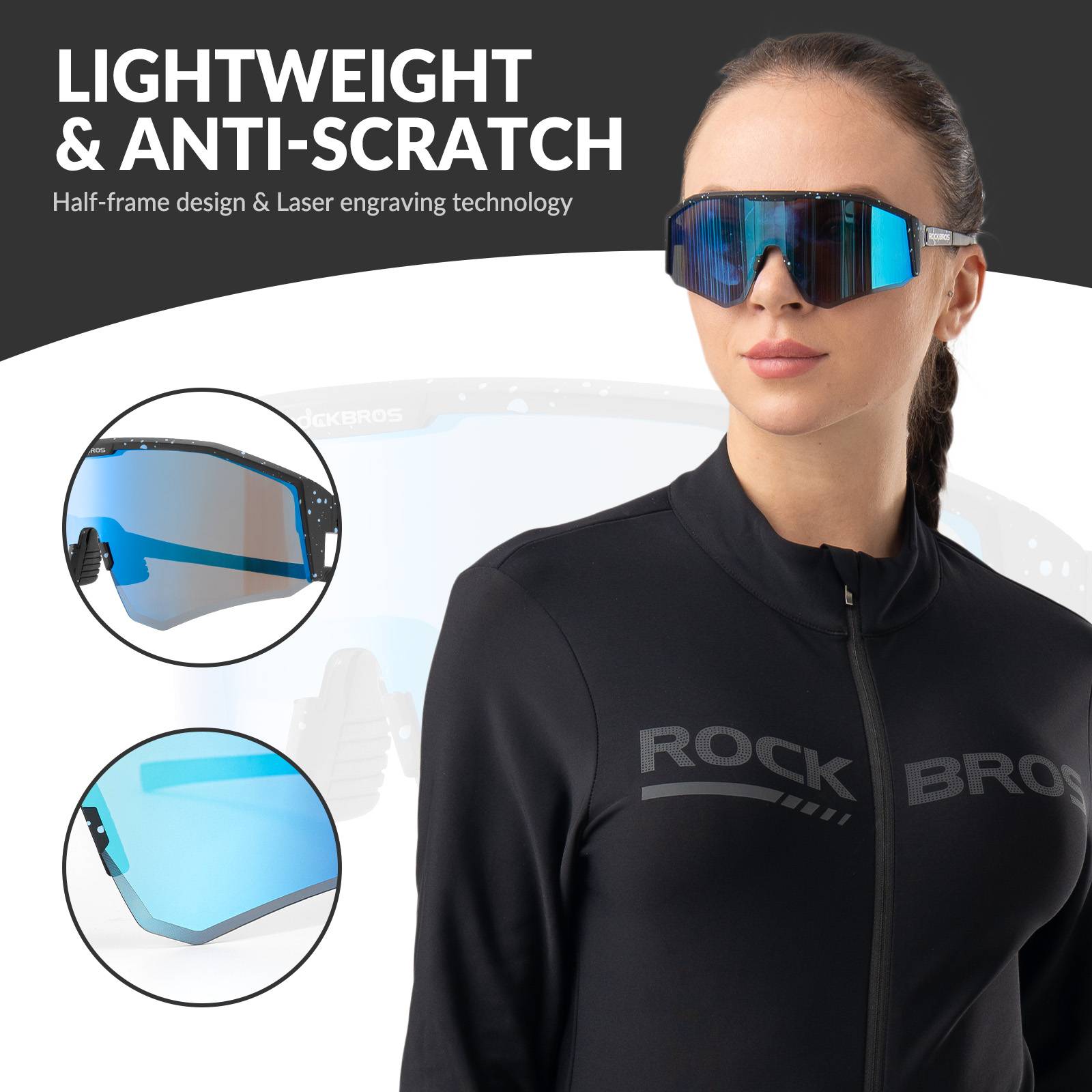 ROCKBROS Polarized Sports Glasses Adjustable Temple TAC Lenses + TR90 #Color_Black Frame