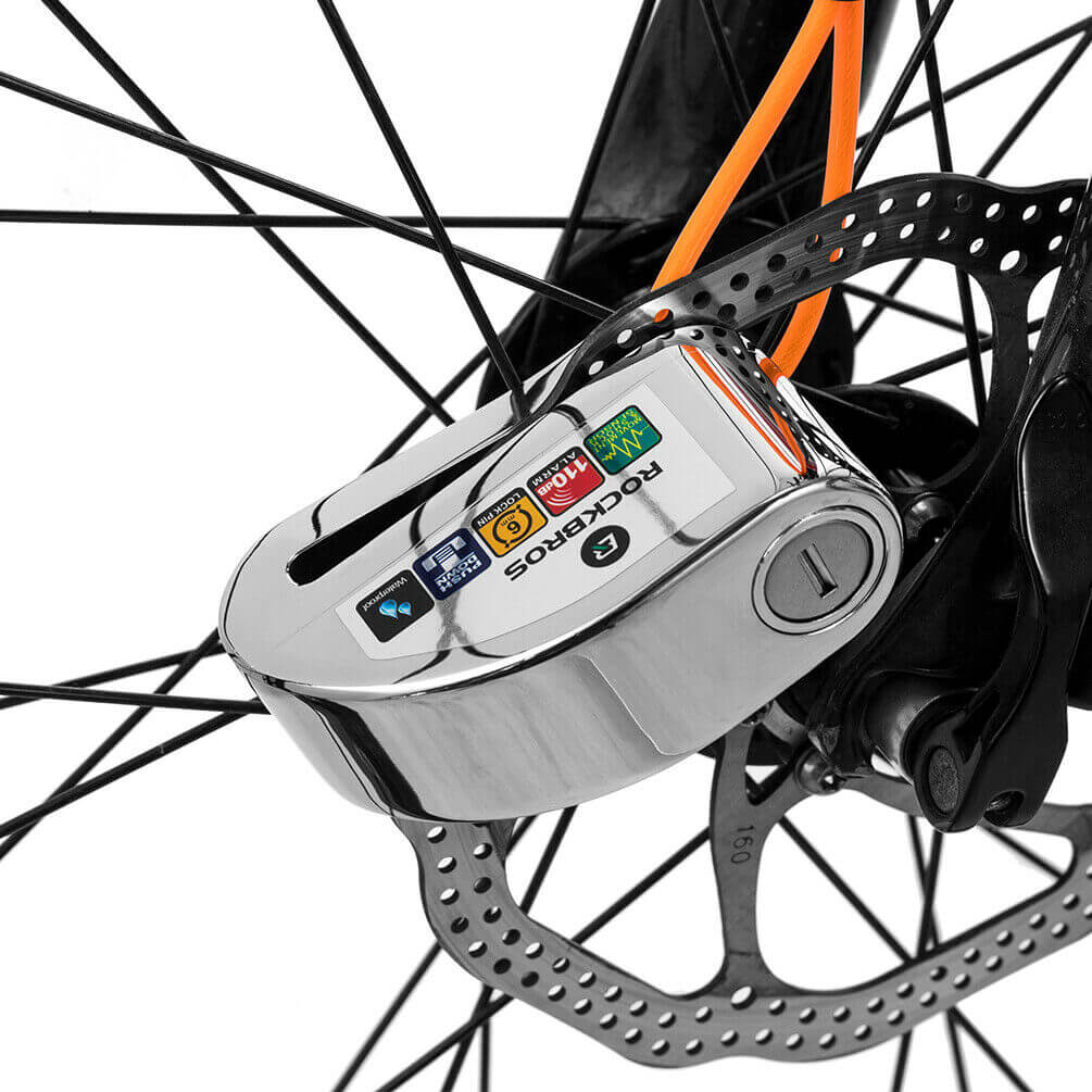 rockbros 110dB disc brake lock with alarm and reminder cable for motorcycle and bike security.
#color_silver