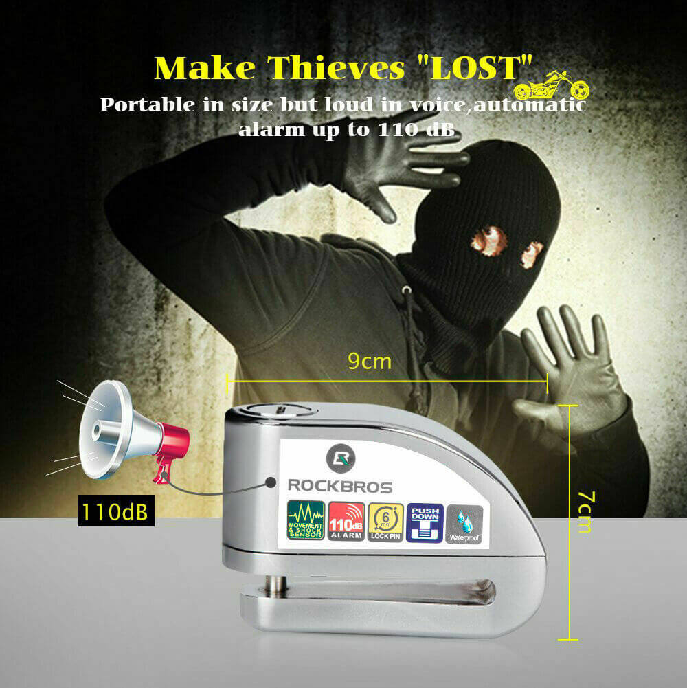 rockbros 110dB disc brake lock with alarm and reminder cable for motorcycle and bike security.
#color_silver