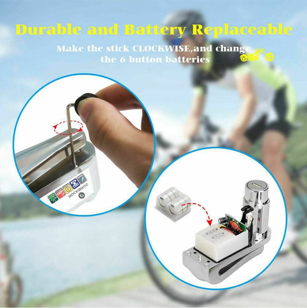 rockbros 110dB disc brake lock with alarm and reminder cable for motorcycle and bike security.
#color_silver