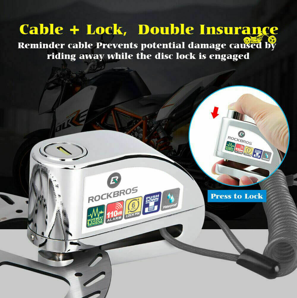 rockbros 110dB disc brake lock with alarm and reminder cable for motorcycle and bike security.
#color_silver