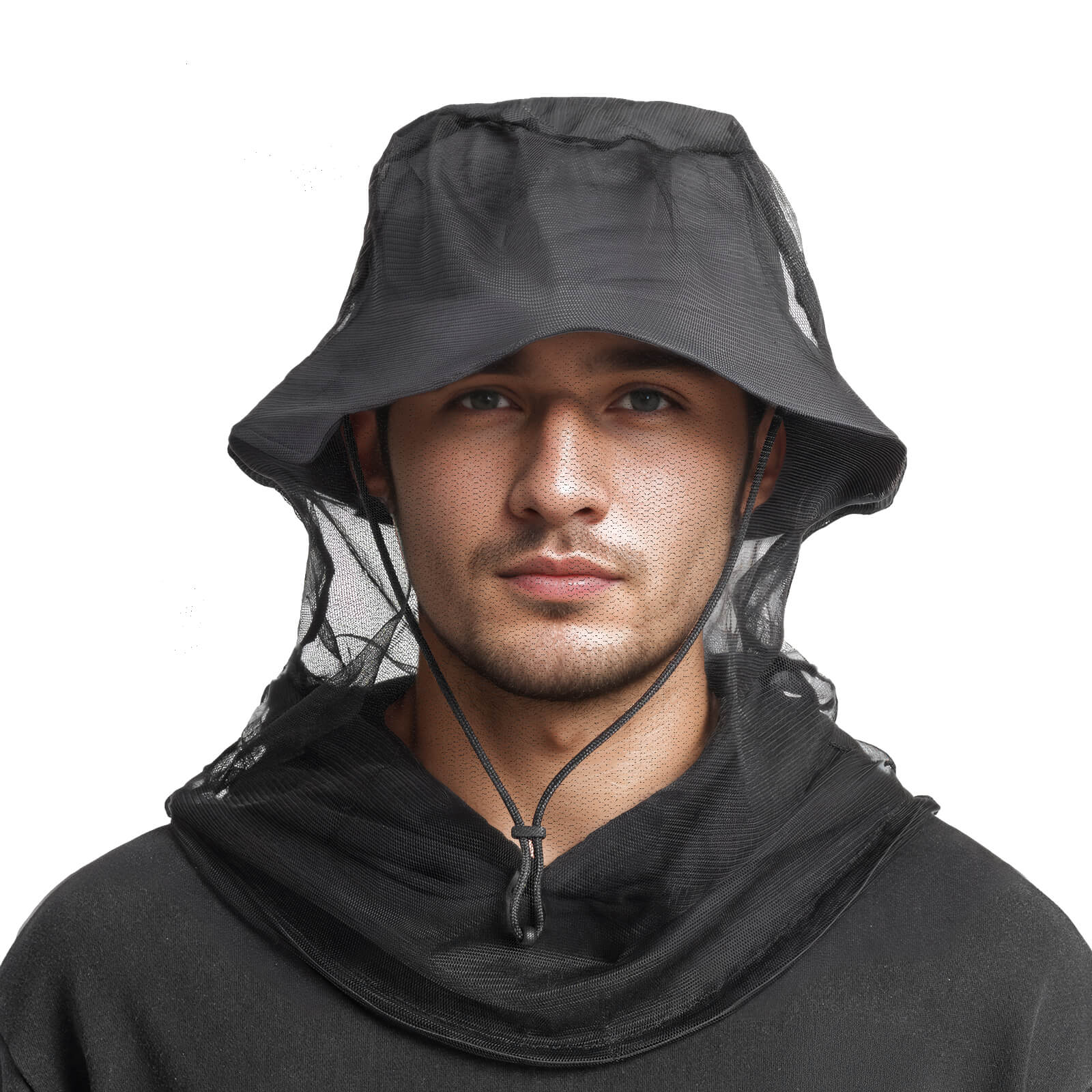 Ultra-fine mosquito head net mesh for face and neck protection, breathable grey bug netting for outdoors.