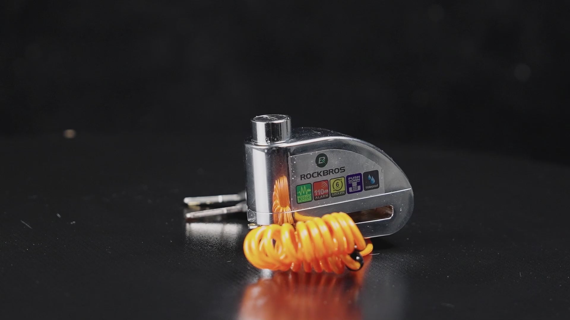 rockbros 110dB disc brake lock with alarm and reminder cable for motorcycle and bike security.
#color_silver