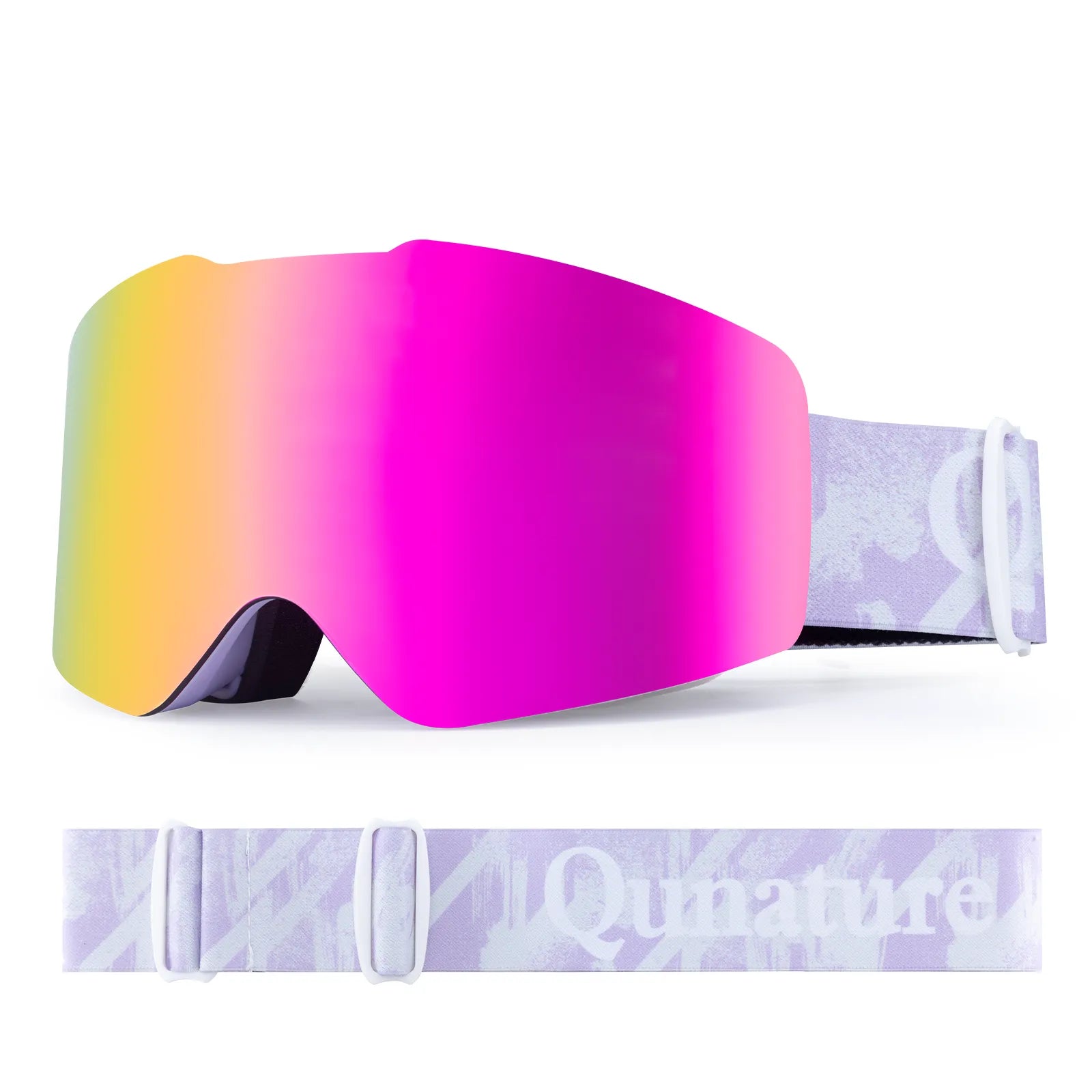 Close-up of Qunature anti-fog wide vision ski goggles lens technology.
#frame color_pink