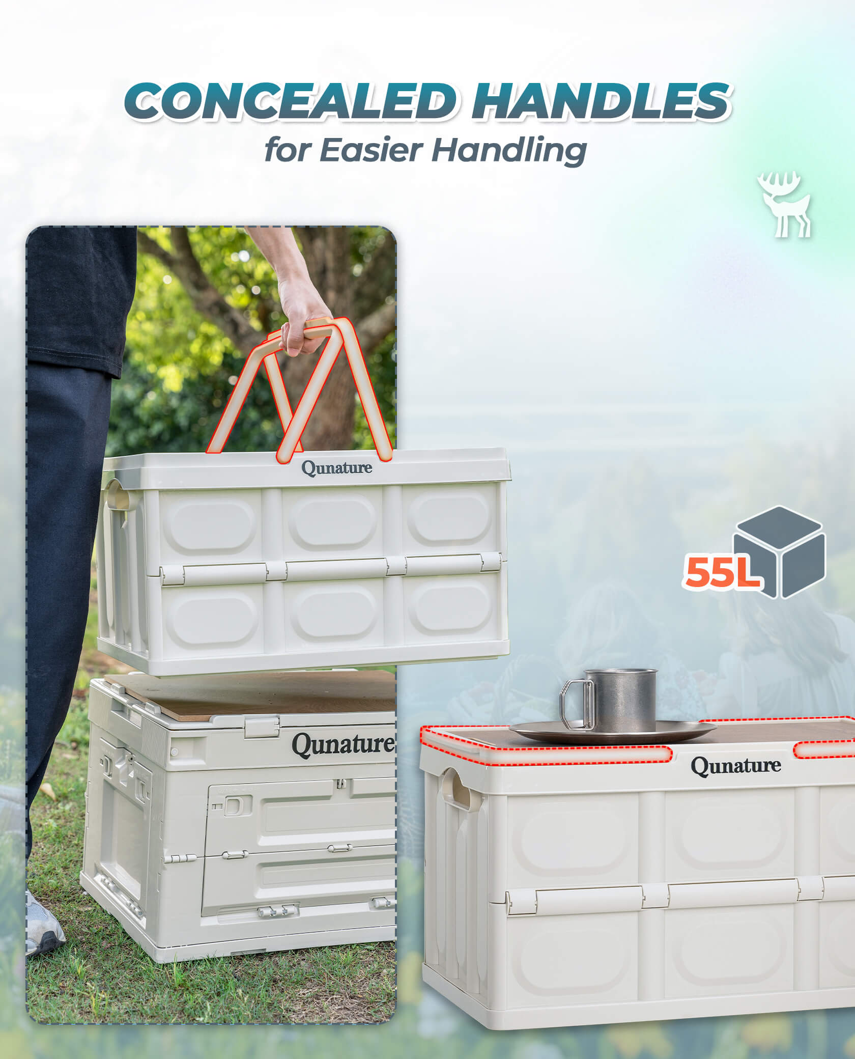 Qunature foldable outdoor storage bin for camping and home organisation.
#capacity_55L With Wood Board