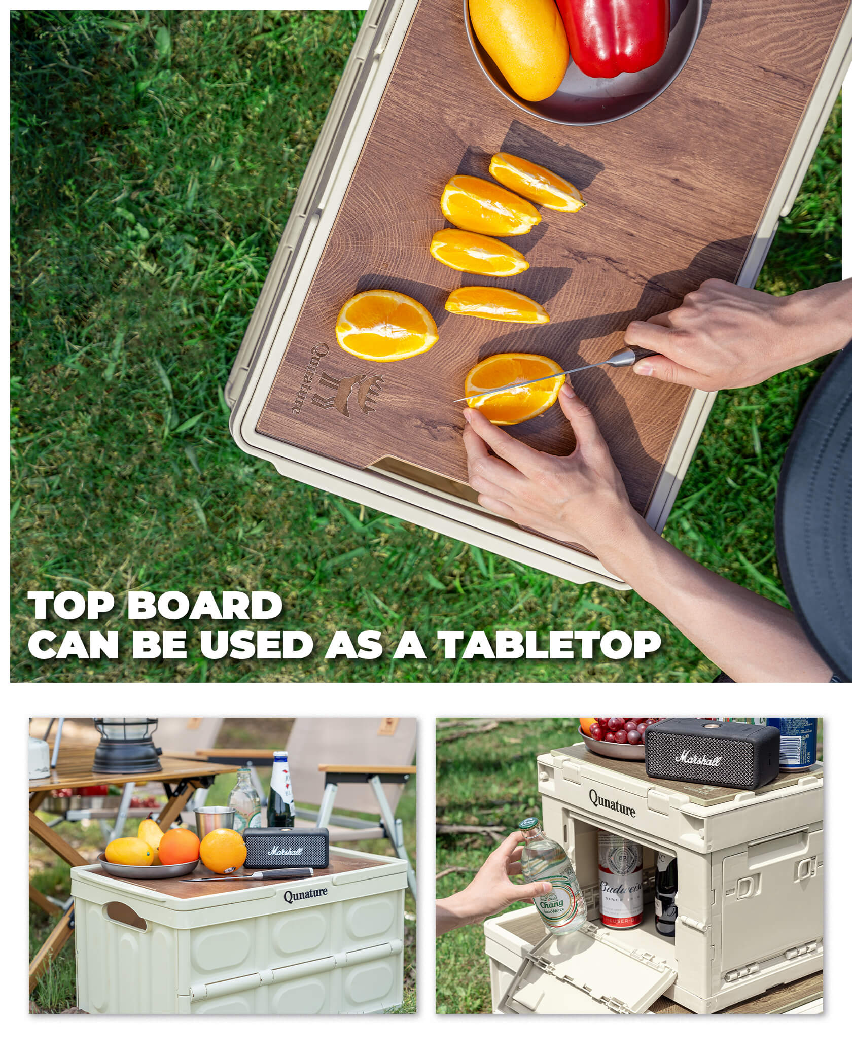 Qunature foldable outdoor storage bin for camping and home organisation.
#capacity_26L With Wood Board