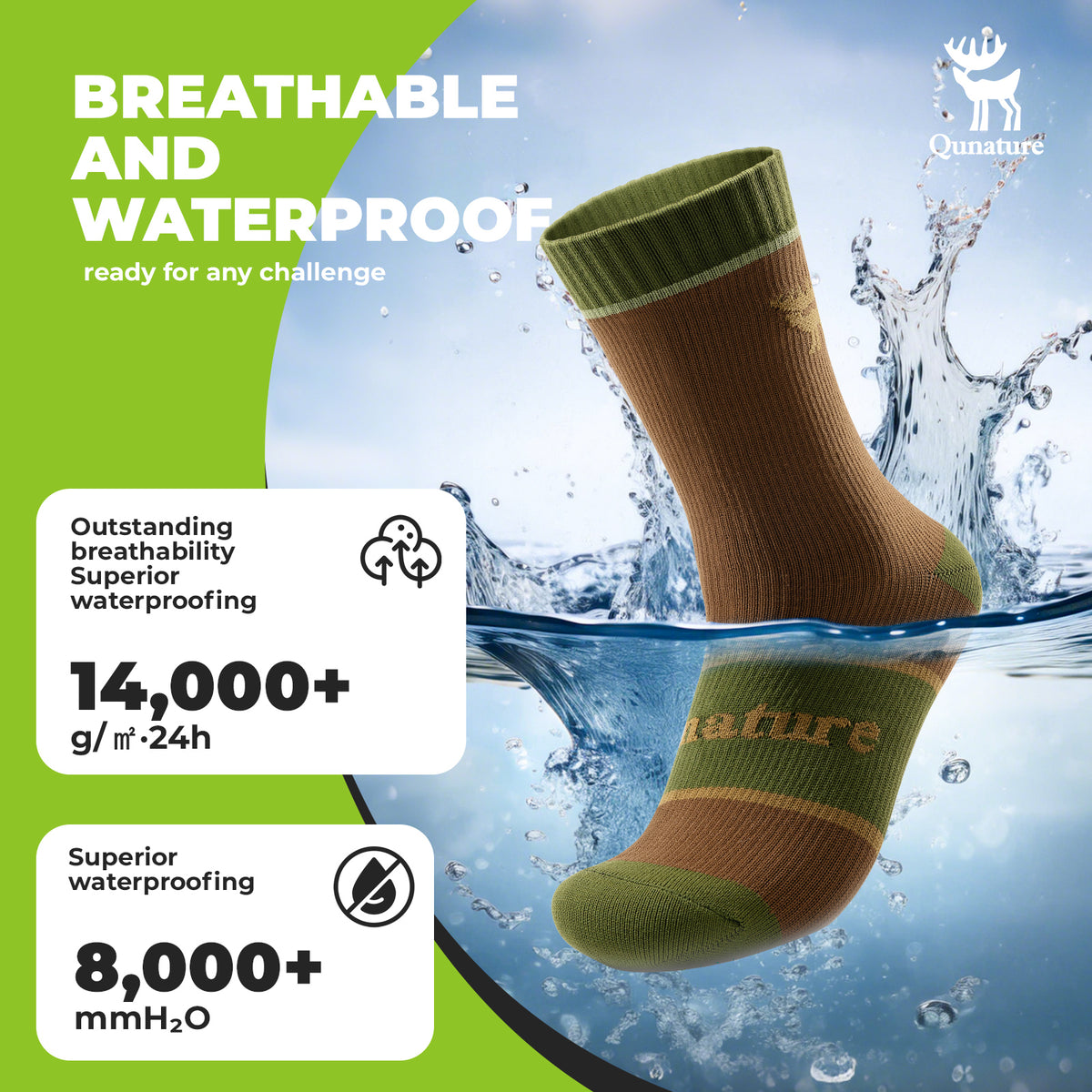 Qunature khaki four-season waterproof outdoor socks.
#colour_brown