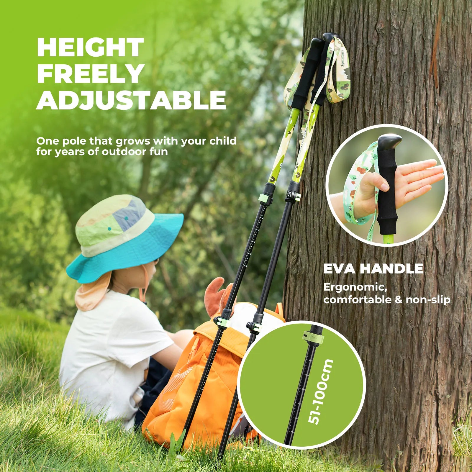 Qunature adjustable kids trekking poles in blue, telescoping from 51cm to 100cm for young hikers.
#color_yellow