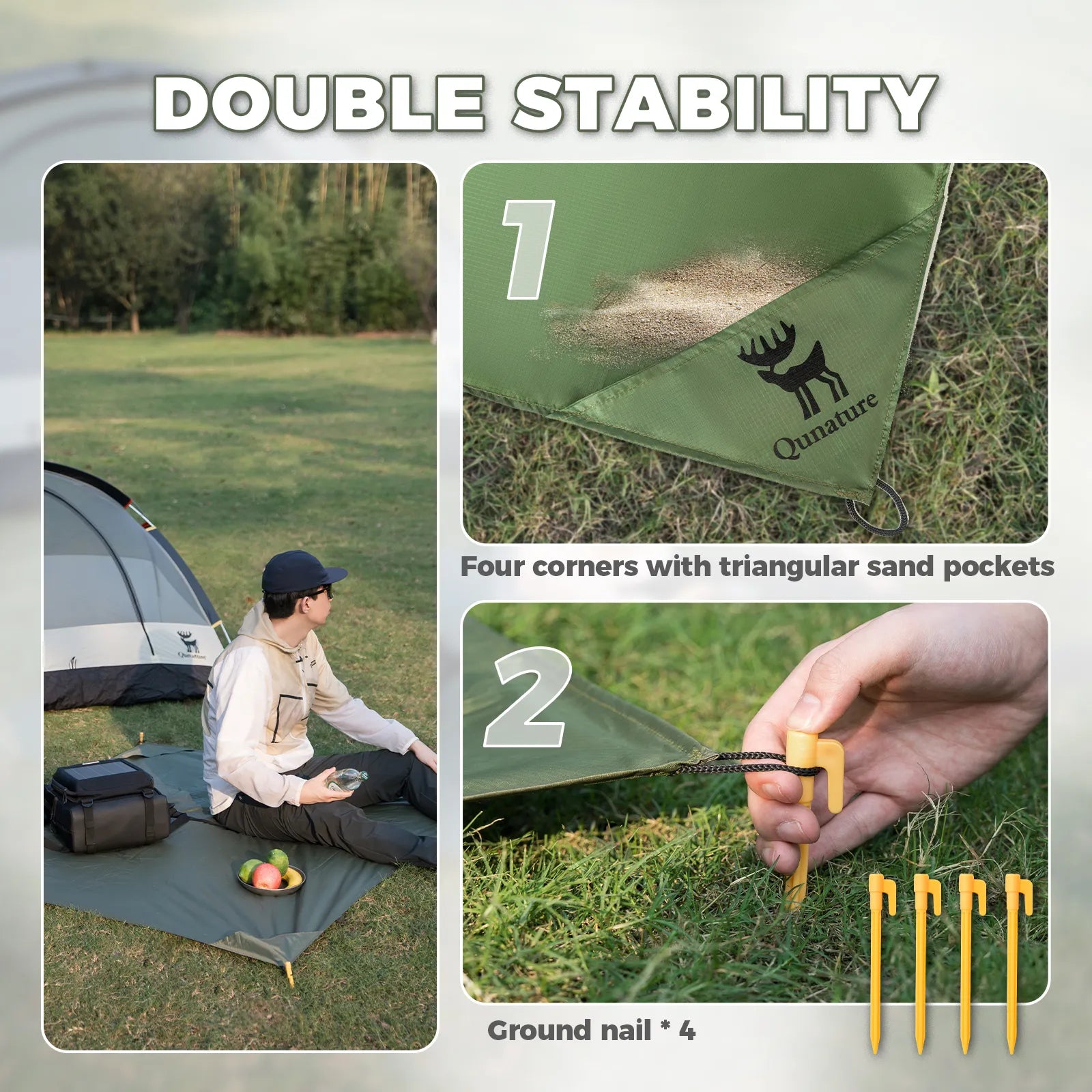 qunature sandproof beach blanket being used by a family on the sand, oversized and portable for seaside travel.
#color_green