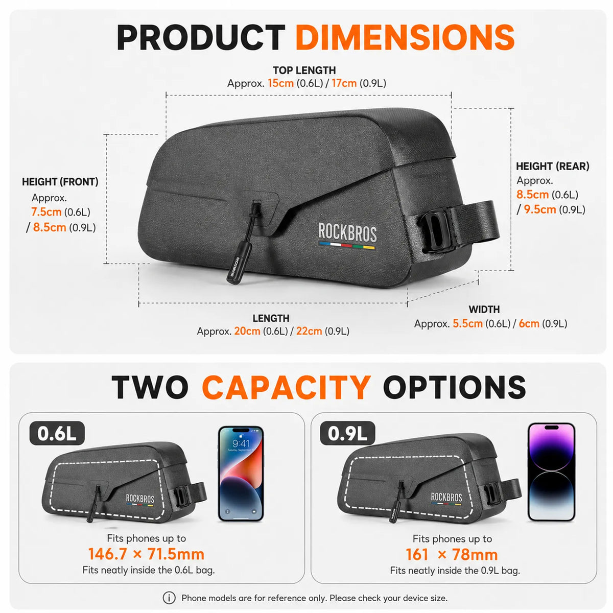 Road to Sky waterproof magnetic bike frame bag, 0.6L to 0.9L capacity
#size_0.6L