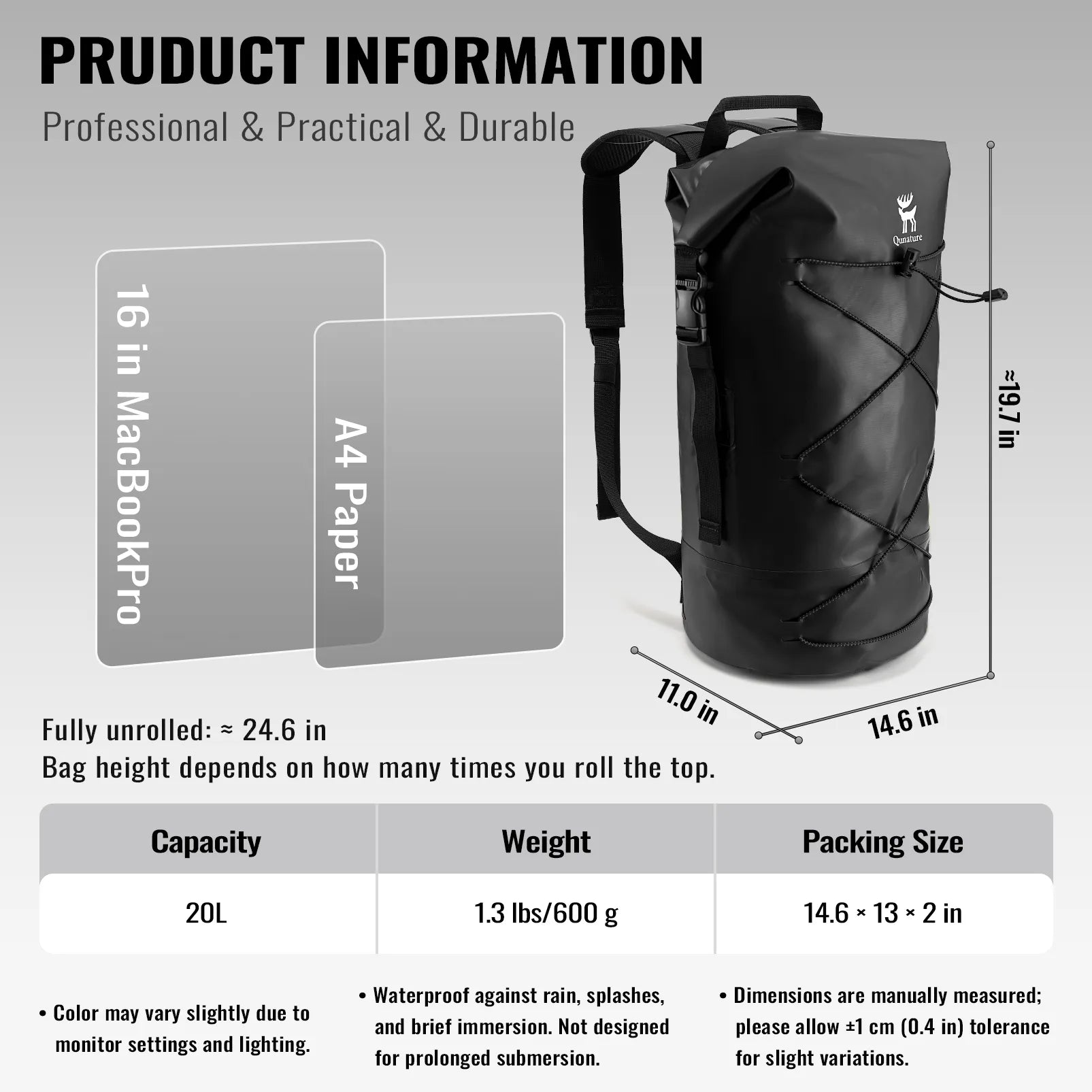 Rockbros 20L waterproof dry bag backpack in black for outdoor adventures.
#color_black