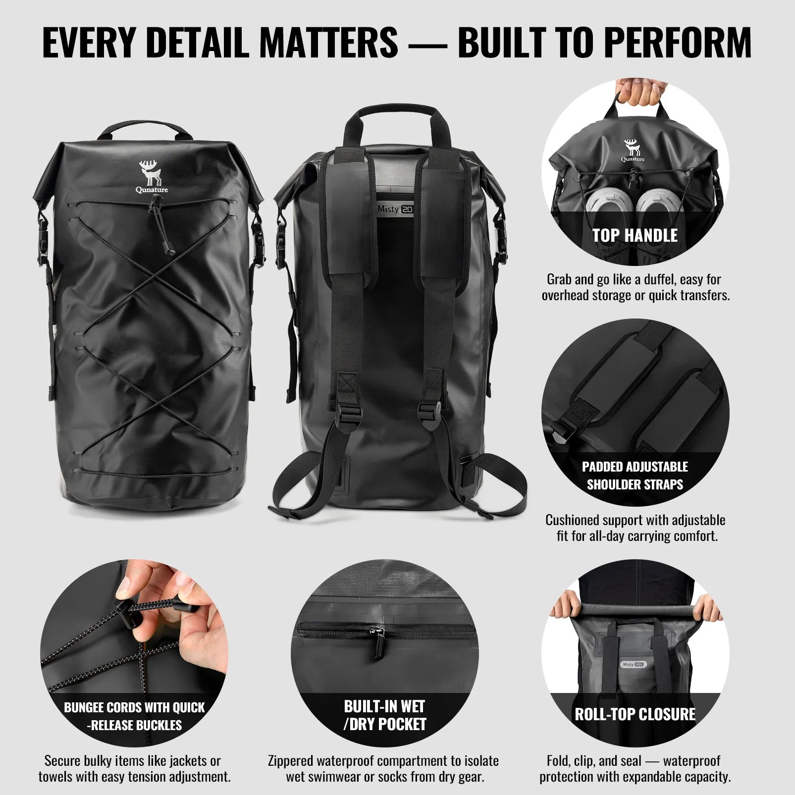 Rockbros 20L waterproof dry bag backpack in black for outdoor adventures.
#color_black