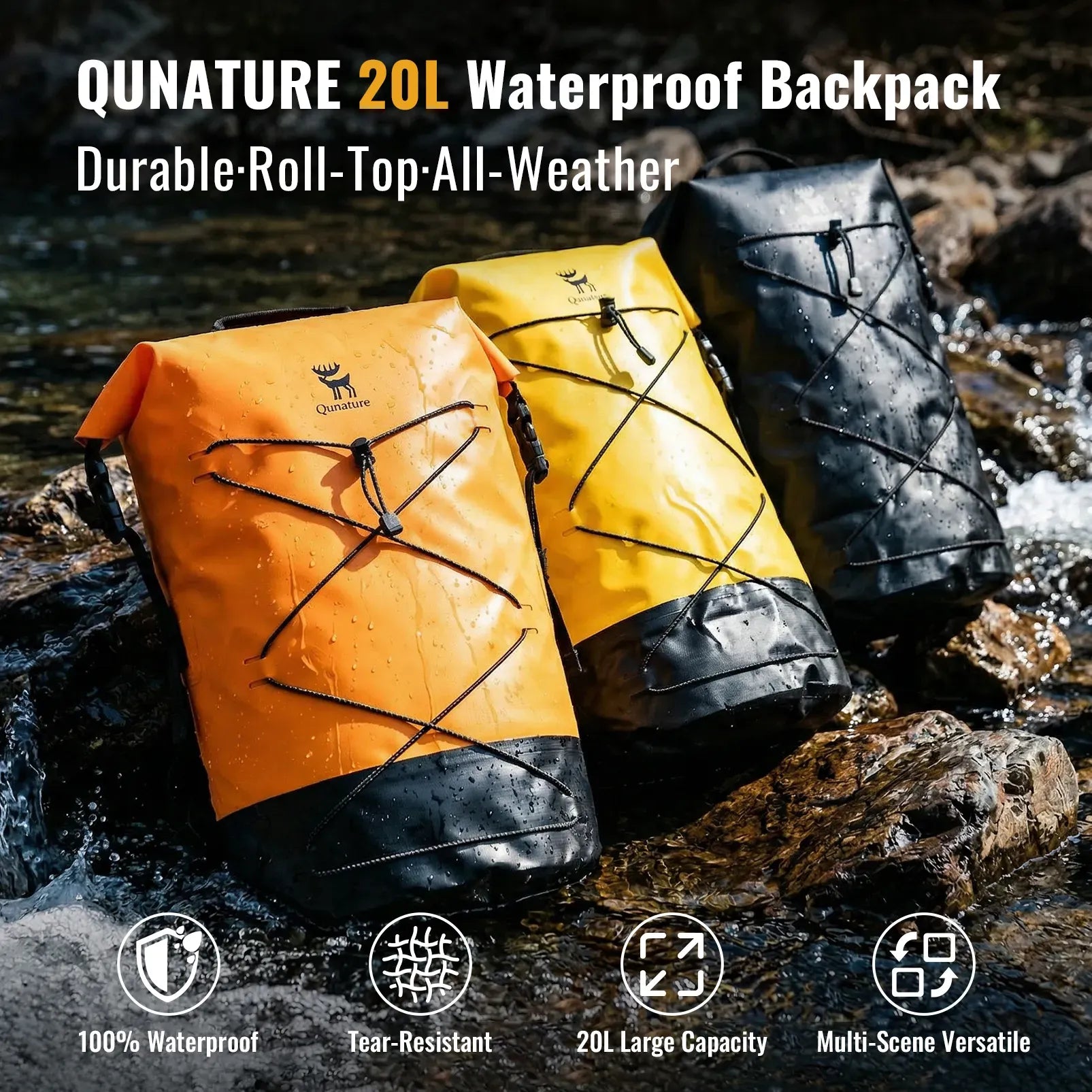 Rockbros 20L waterproof dry bag backpack in black for outdoor adventures.
#color_orange