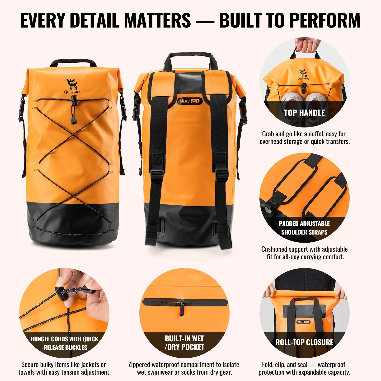 Rockbros 20L waterproof dry bag backpack in black for outdoor adventures.
#color_orange