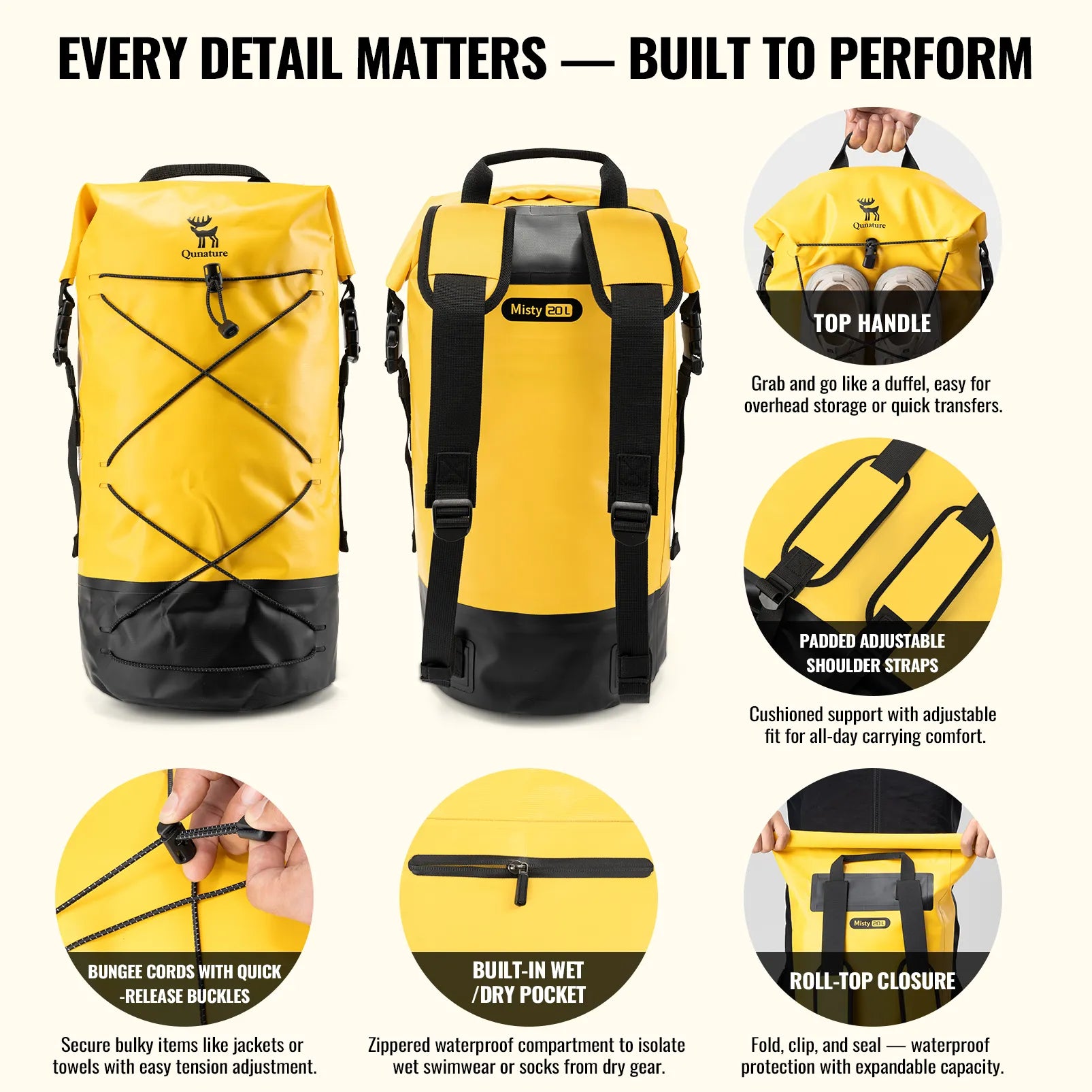 Rockbros 20L waterproof dry bag backpack in black for outdoor adventures.
#color_yellow