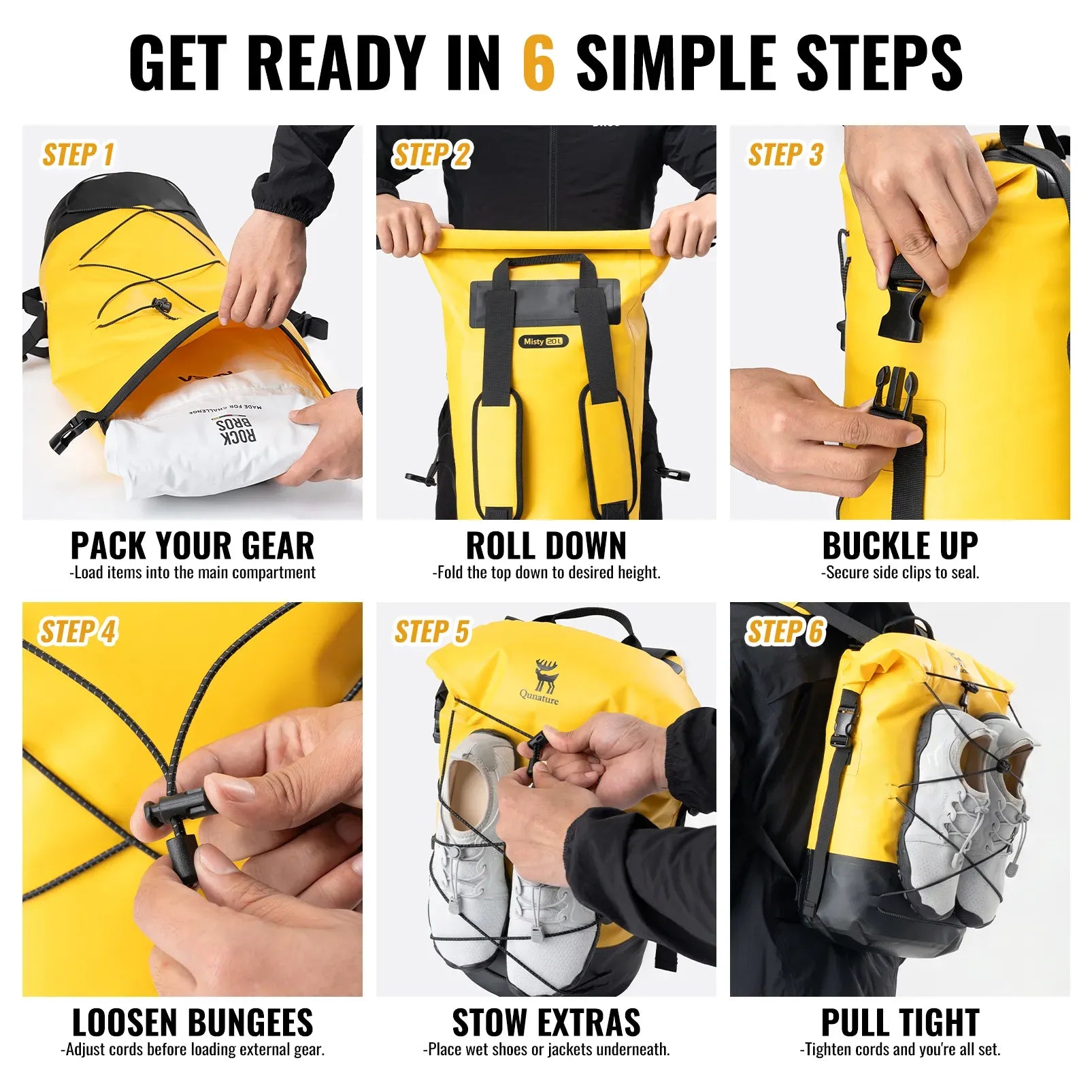 Rockbros 20L waterproof dry bag backpack in black for outdoor adventures.
#color_yellow