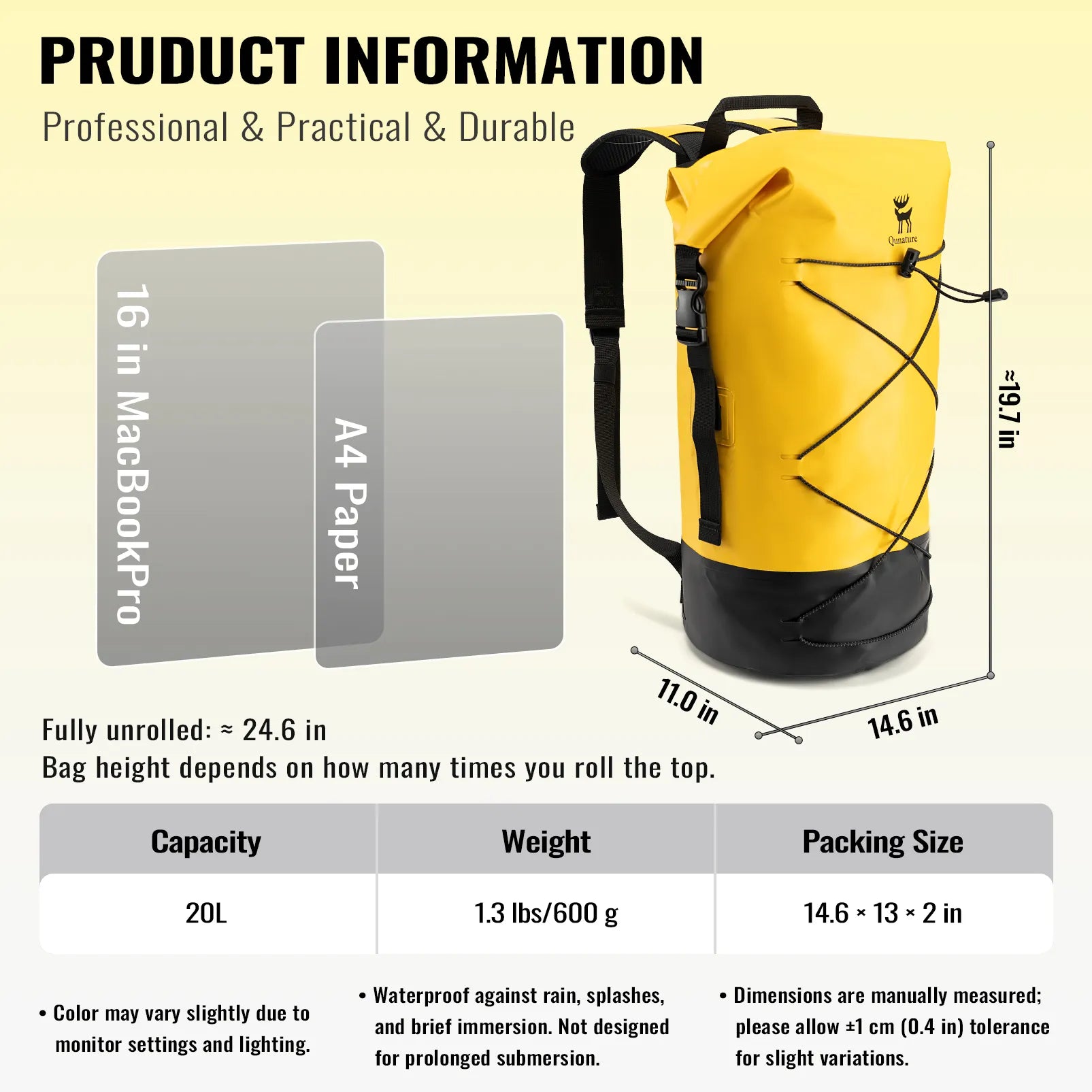 Rockbros 20L waterproof dry bag backpack in black for outdoor adventures.
#color_yellow
