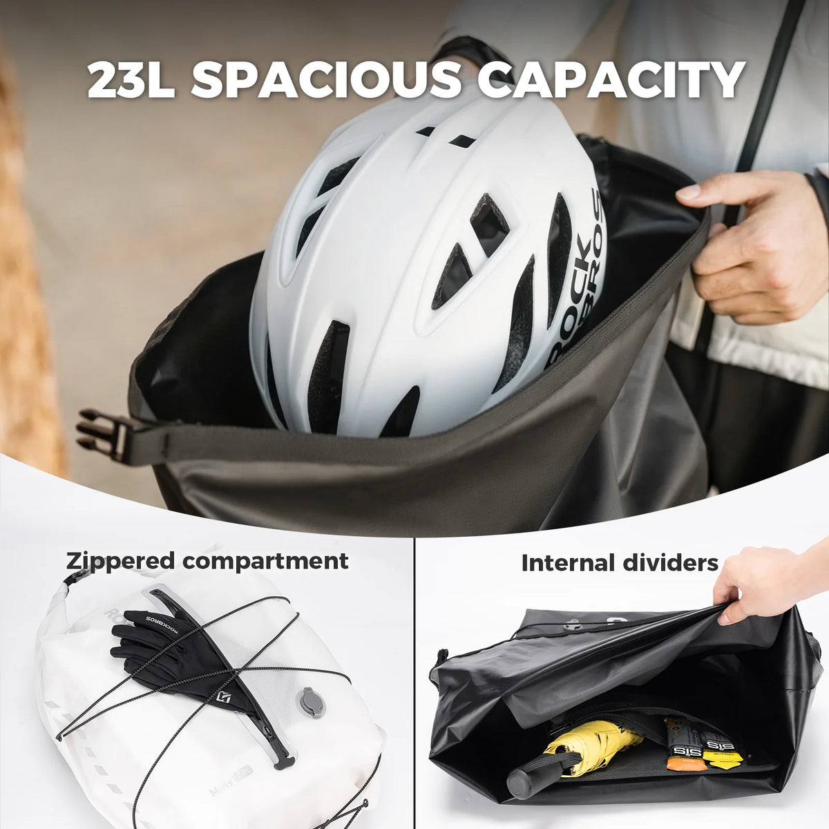 ROCKBROS 23L waterproof bike rear rack bag with vacuum compression.
#colour_white