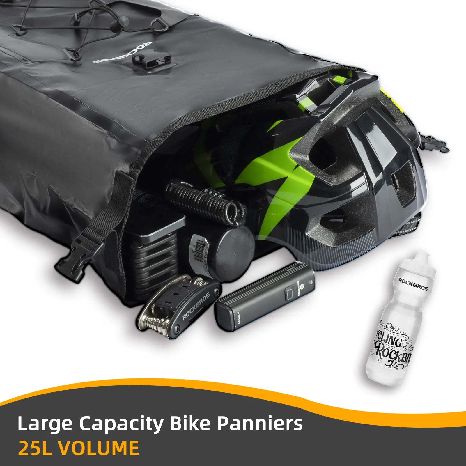 ROCKBROS 25L waterproof bike pannier bag installed on bicycle rear rack for touring and commuting.
#color_black