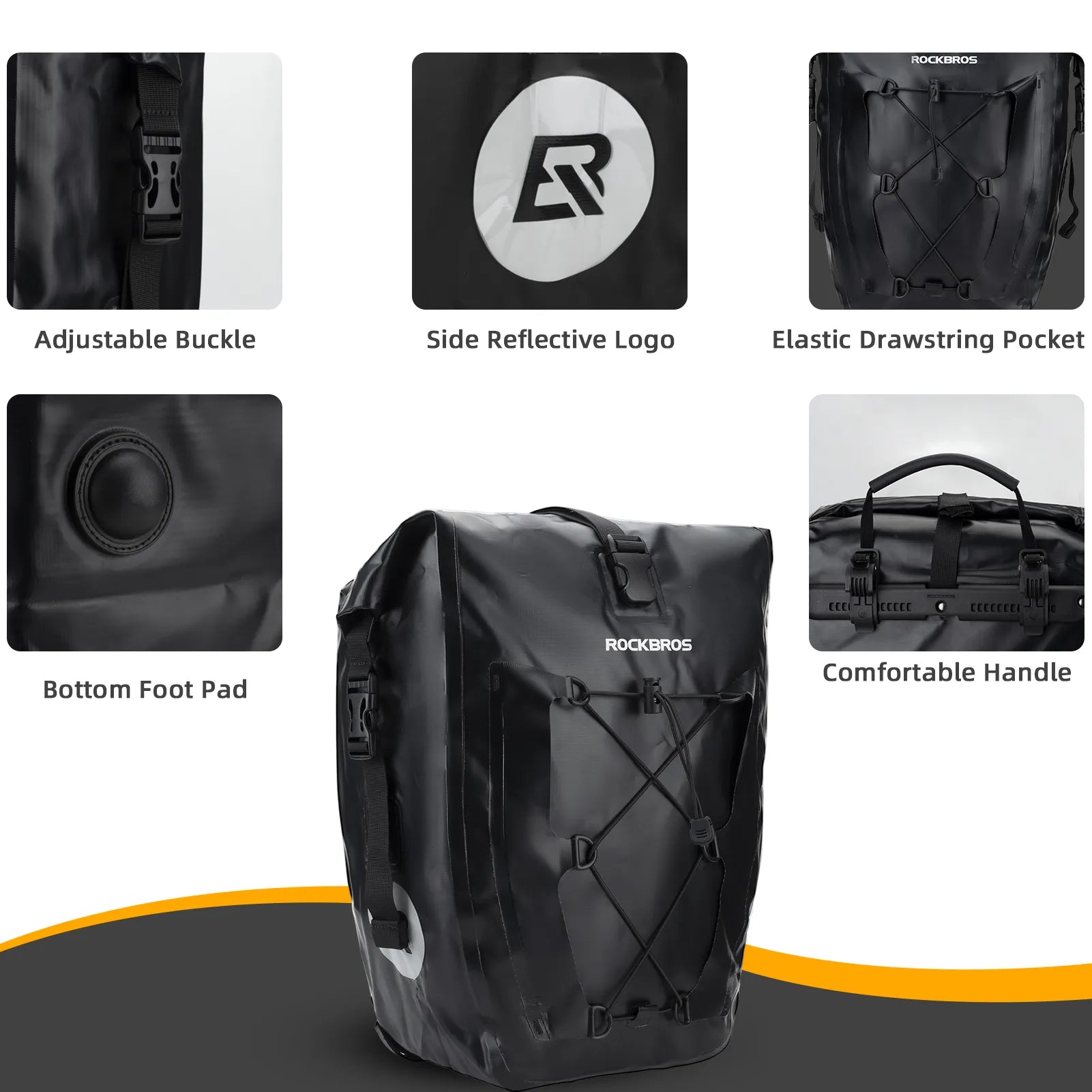 ROCKBROS 25L waterproof bike pannier bag installed on bicycle rear rack for touring and commuting.
#color_black