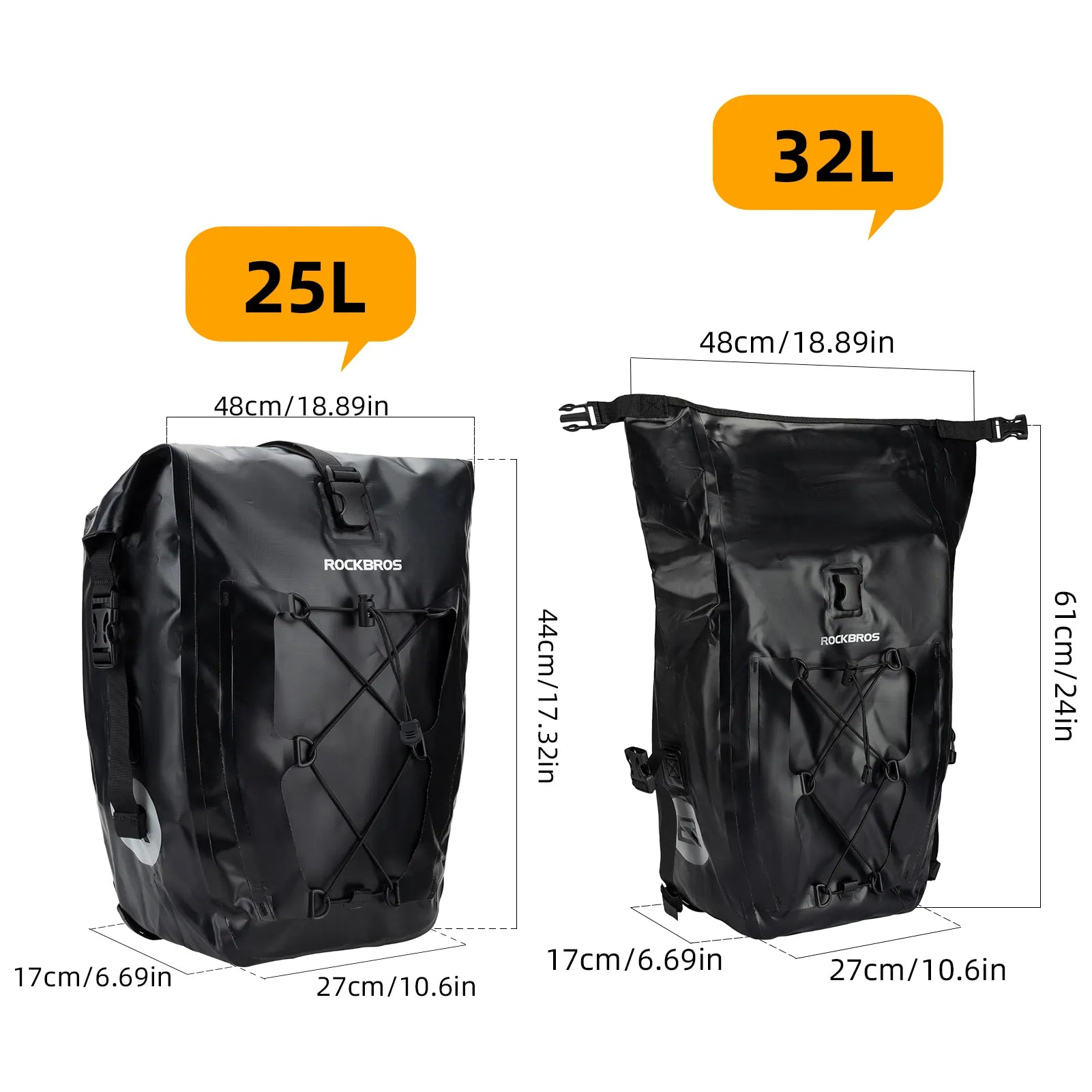 ROCKBROS 25L waterproof bike pannier bag installed on bicycle rear rack for touring and commuting.
#color_black