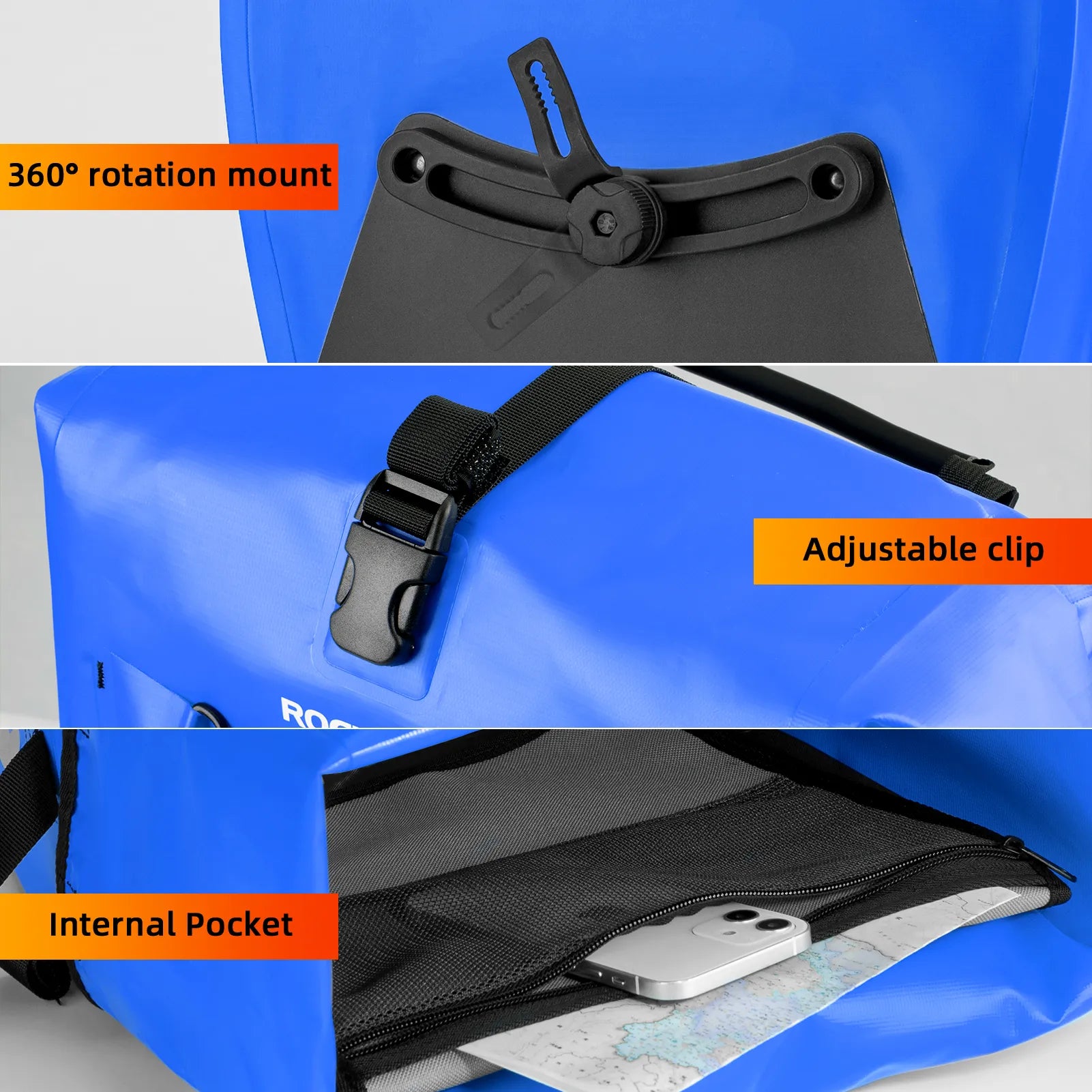 ROCKBROS 25L waterproof bike pannier bag installed on bicycle rear rack for touring and commuting.
#color_blue