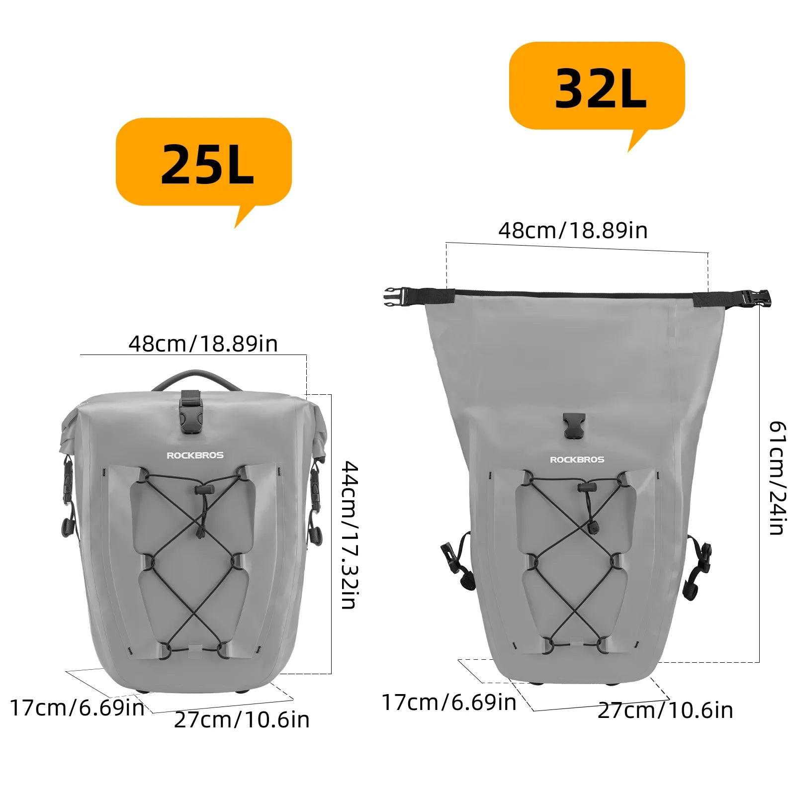 ROCKBROS 25L waterproof bike pannier bag installed on bicycle rear rack for touring and commuting.
#color_grey