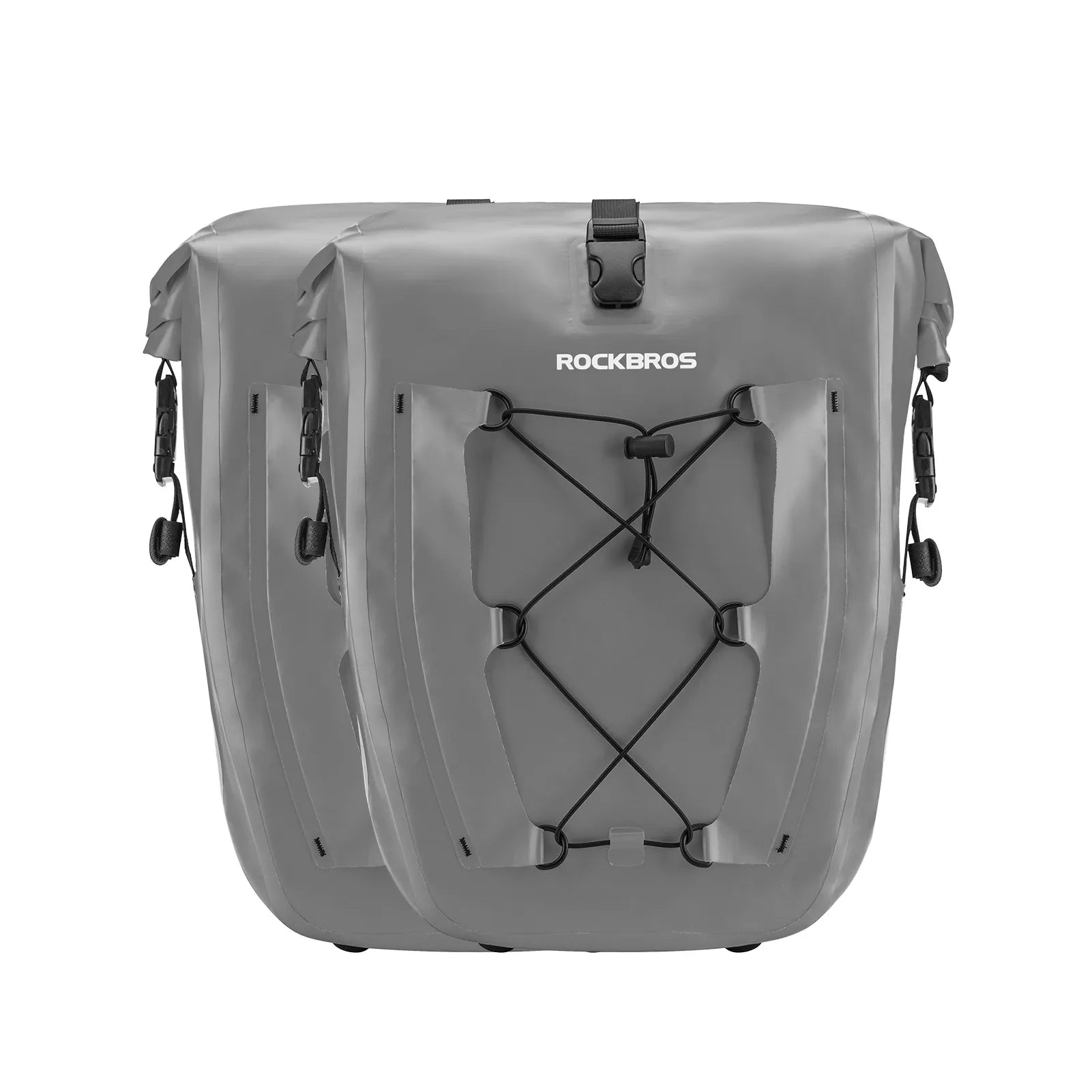 ROCKBROS 25L waterproof bike pannier bag installed on bicycle rear rack for touring and commuting.
#color_grey