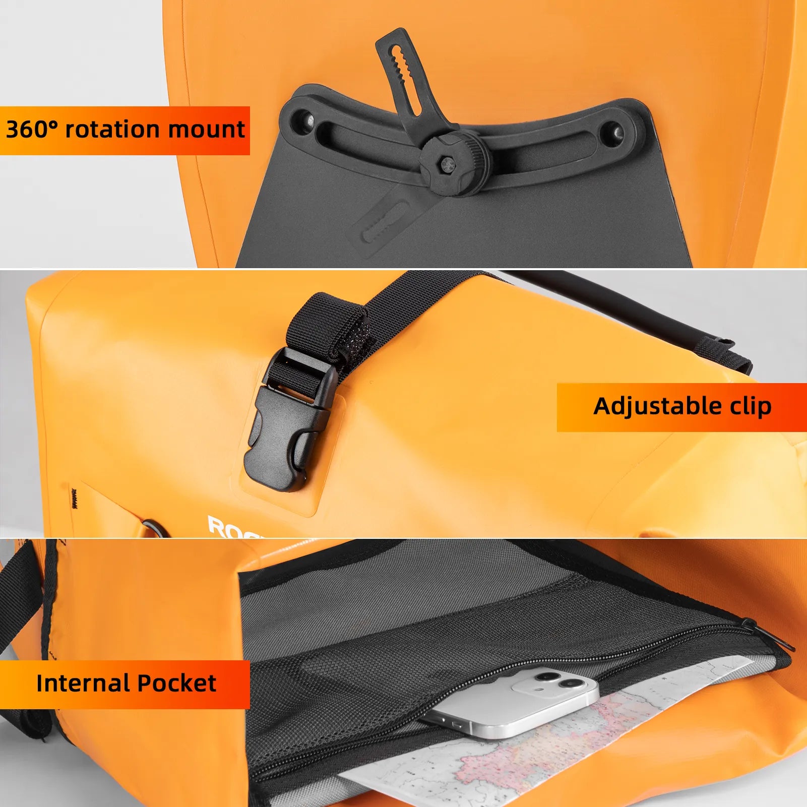 ROCKBROS 25L waterproof bike pannier bag installed on bicycle rear rack for touring and commuting.
#color_orange