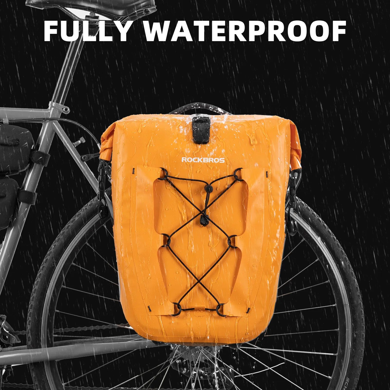 ROCKBROS 25L waterproof bike pannier bag installed on bicycle rear rack for touring and commuting.
#color_orange