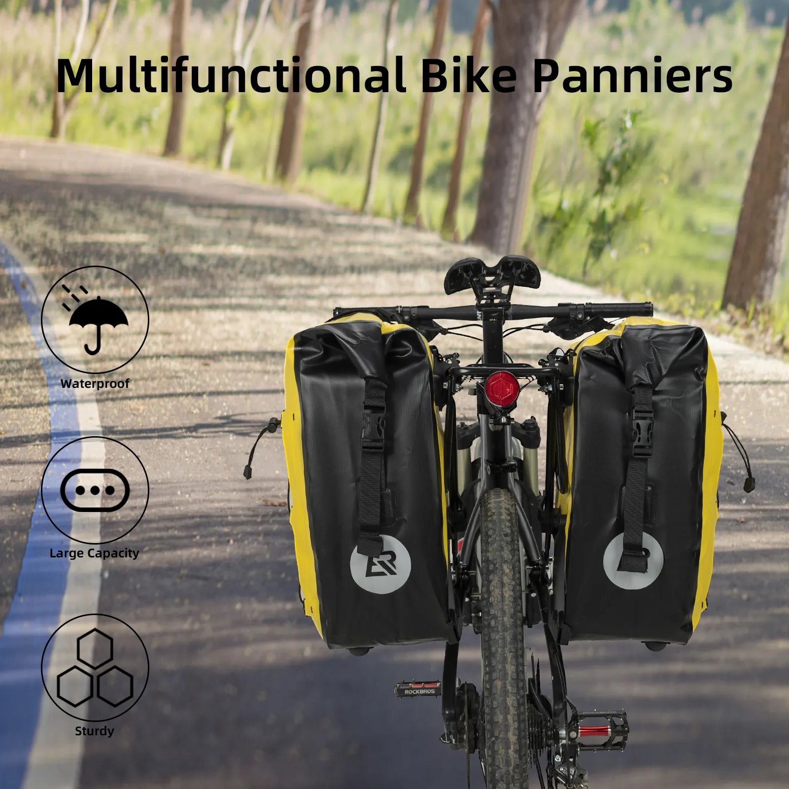 ROCKBROS 25L waterproof bike pannier bag installed on bicycle rear rack for touring and commuting.
#color_yellow