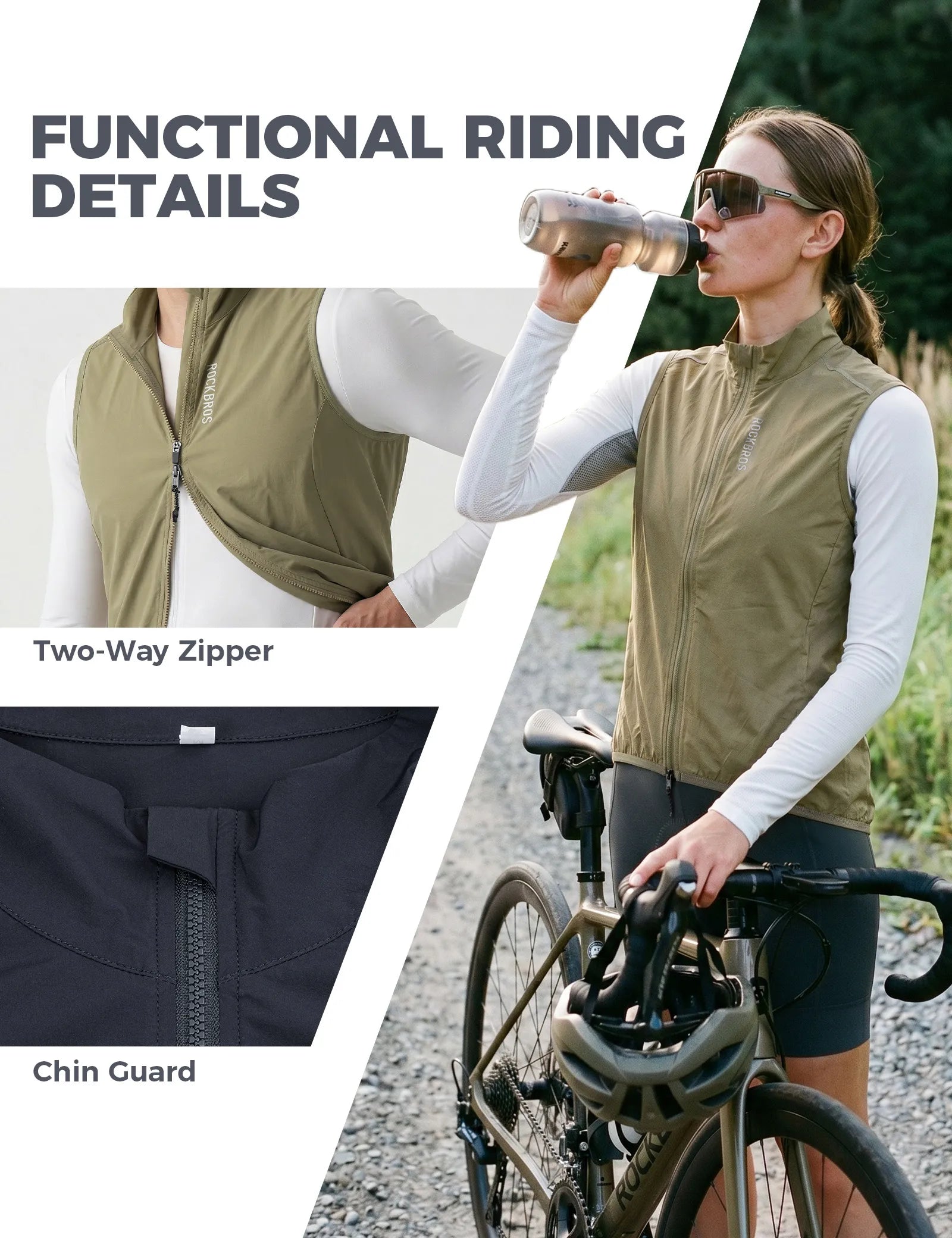 Rockbros AeroLite windproof cycling vest in black, unisex breathable sleeveless bike gilet front view.
#color_beige