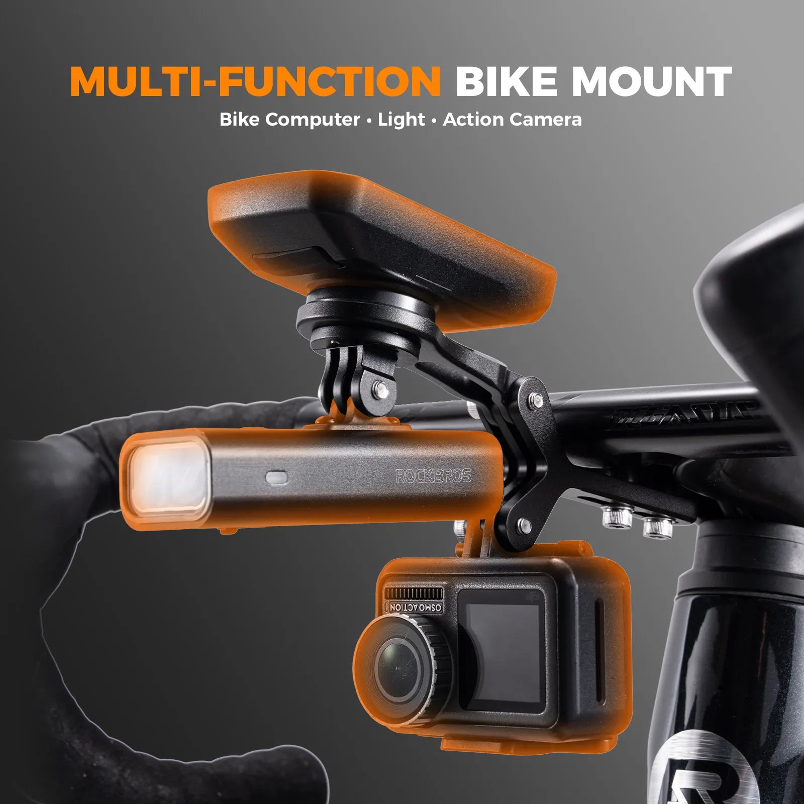 Rockbros aluminium bike computer mount with integrated action camera extension bracket, front view