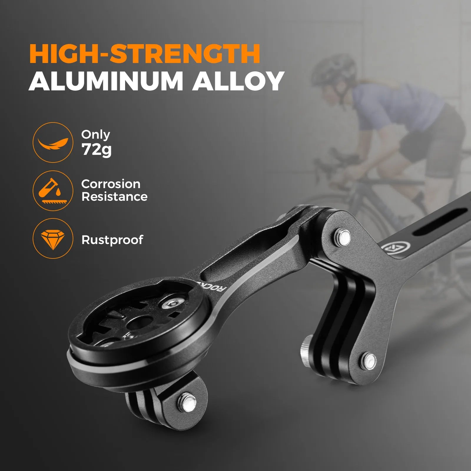 Rockbros aluminium bike computer mount with integrated action camera extension bracket, front view