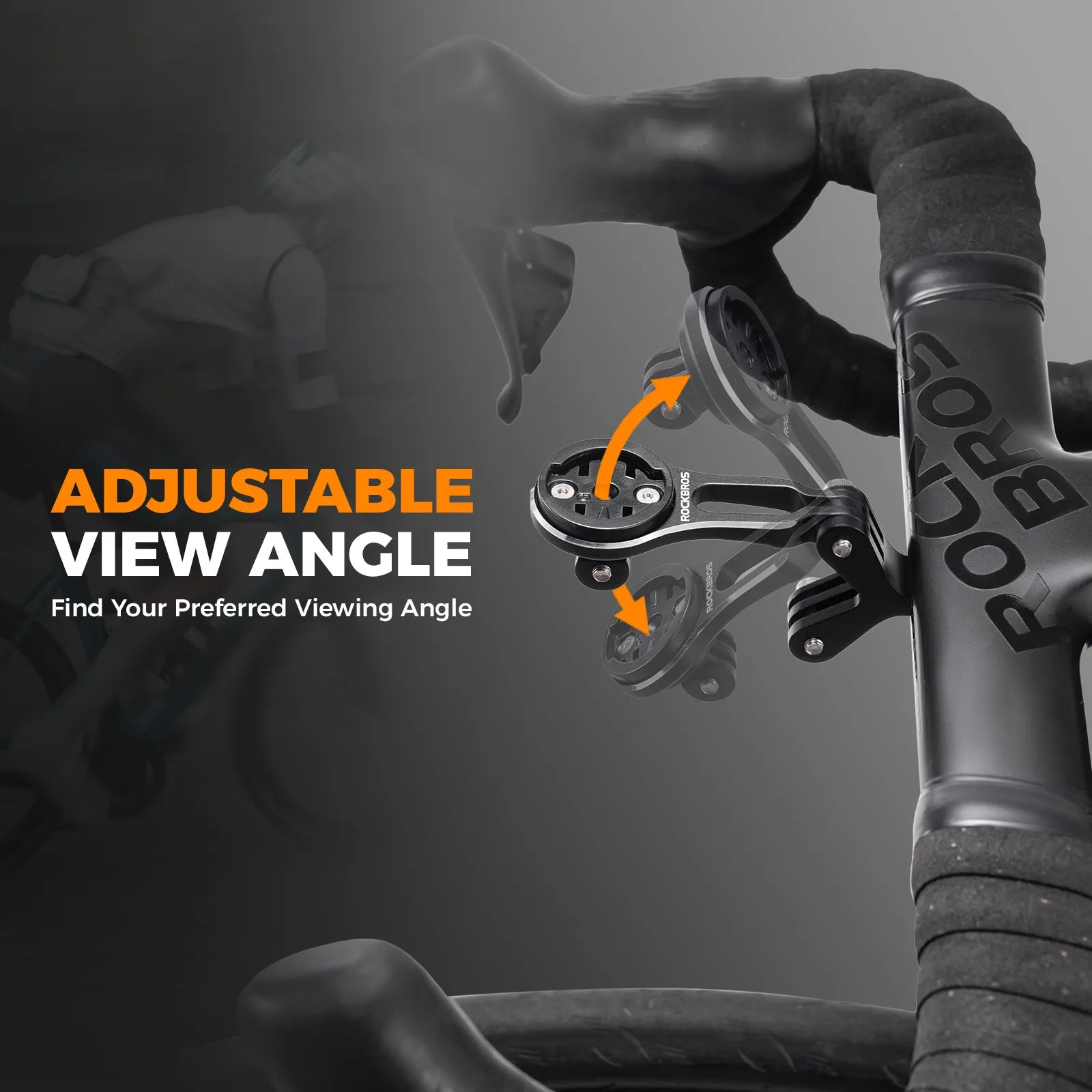 Rockbros aluminium bike computer mount with integrated action camera extension bracket, front view