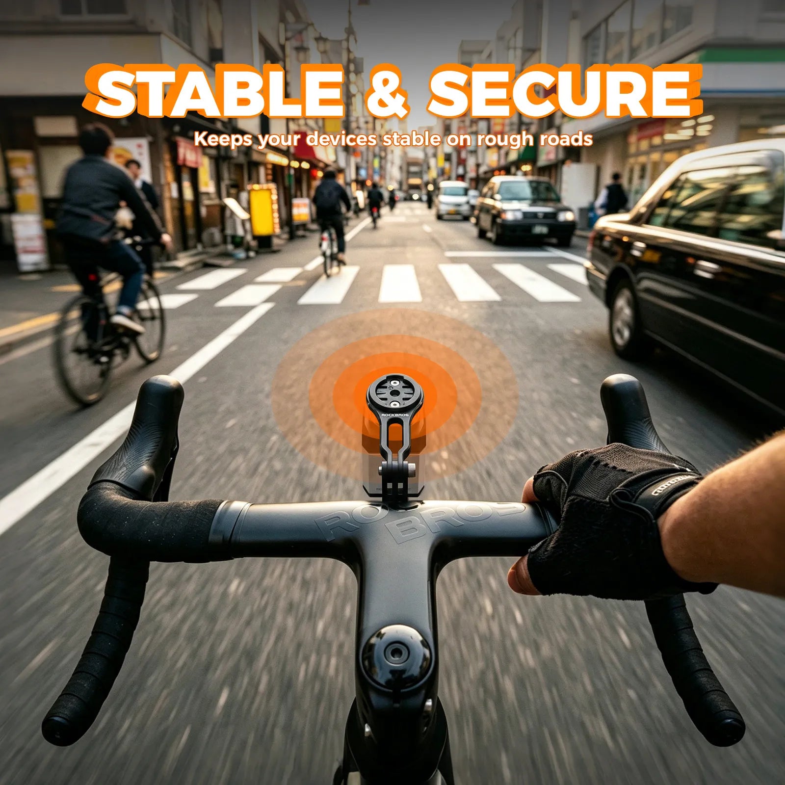 Rockbros aluminium bike computer mount with integrated action camera extension bracket, front view