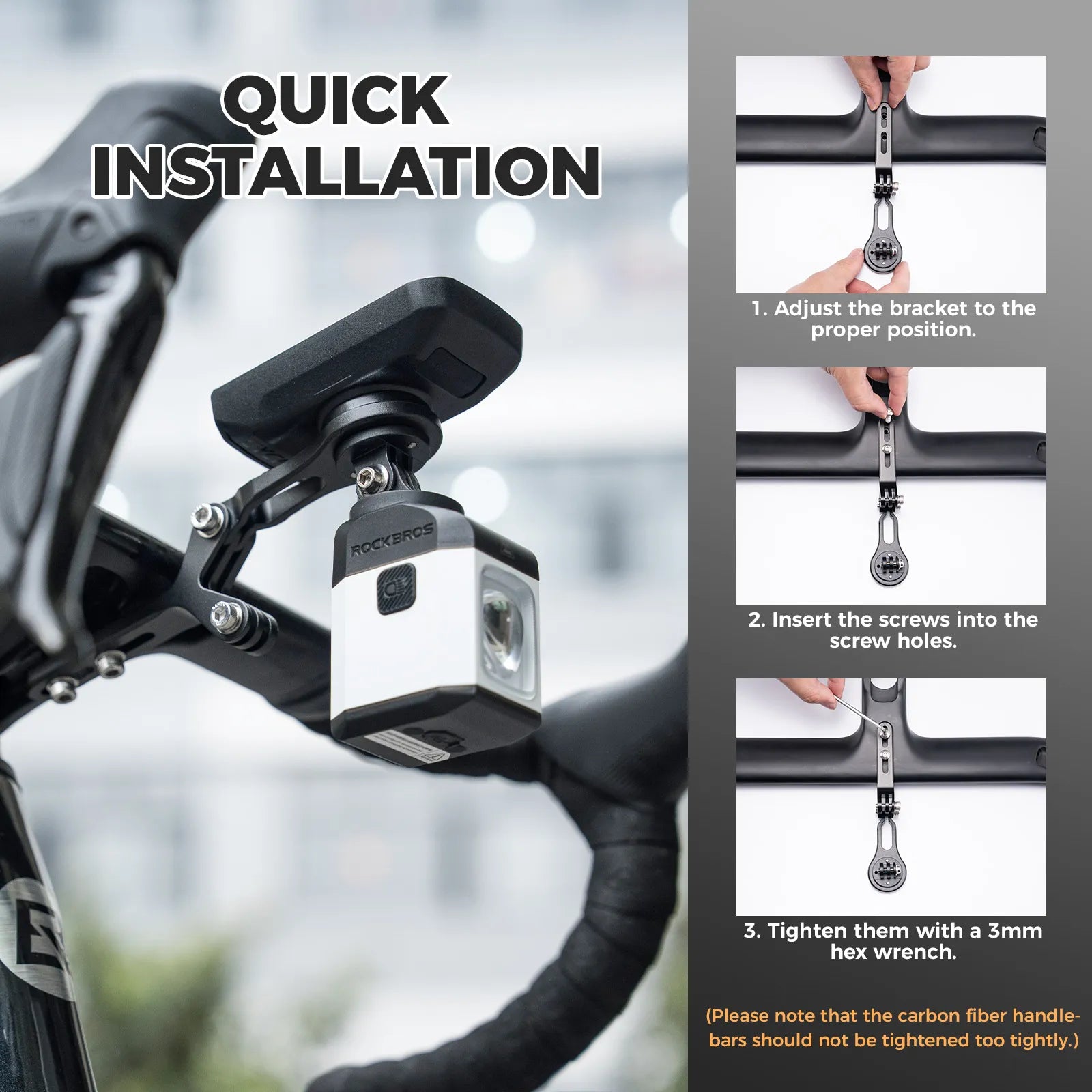 Rockbros aluminium bike computer mount with integrated action camera extension bracket, front view