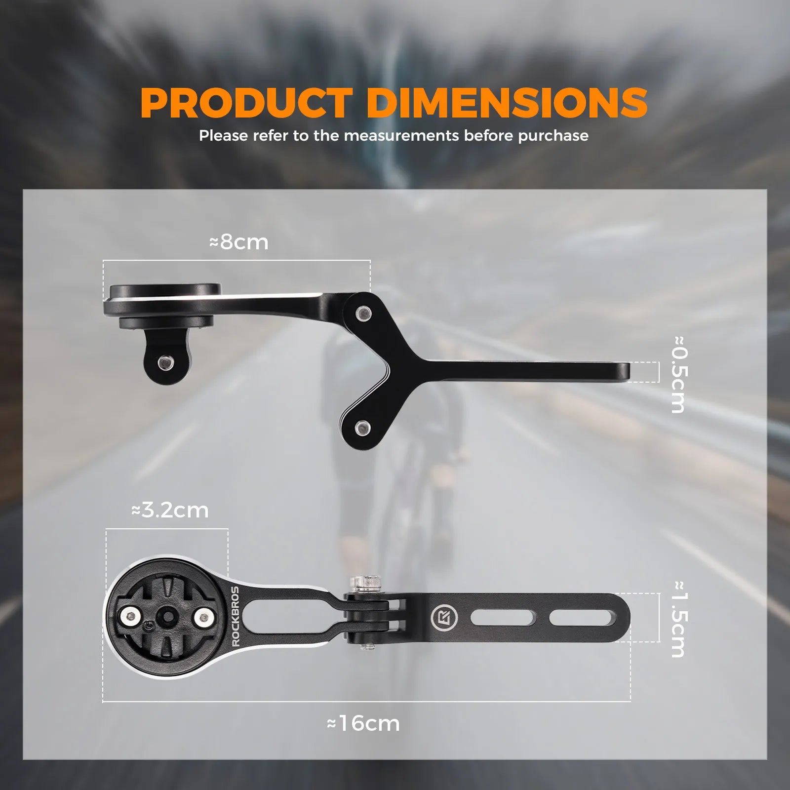 Rockbros aluminium bike computer mount with integrated action camera extension bracket, front view