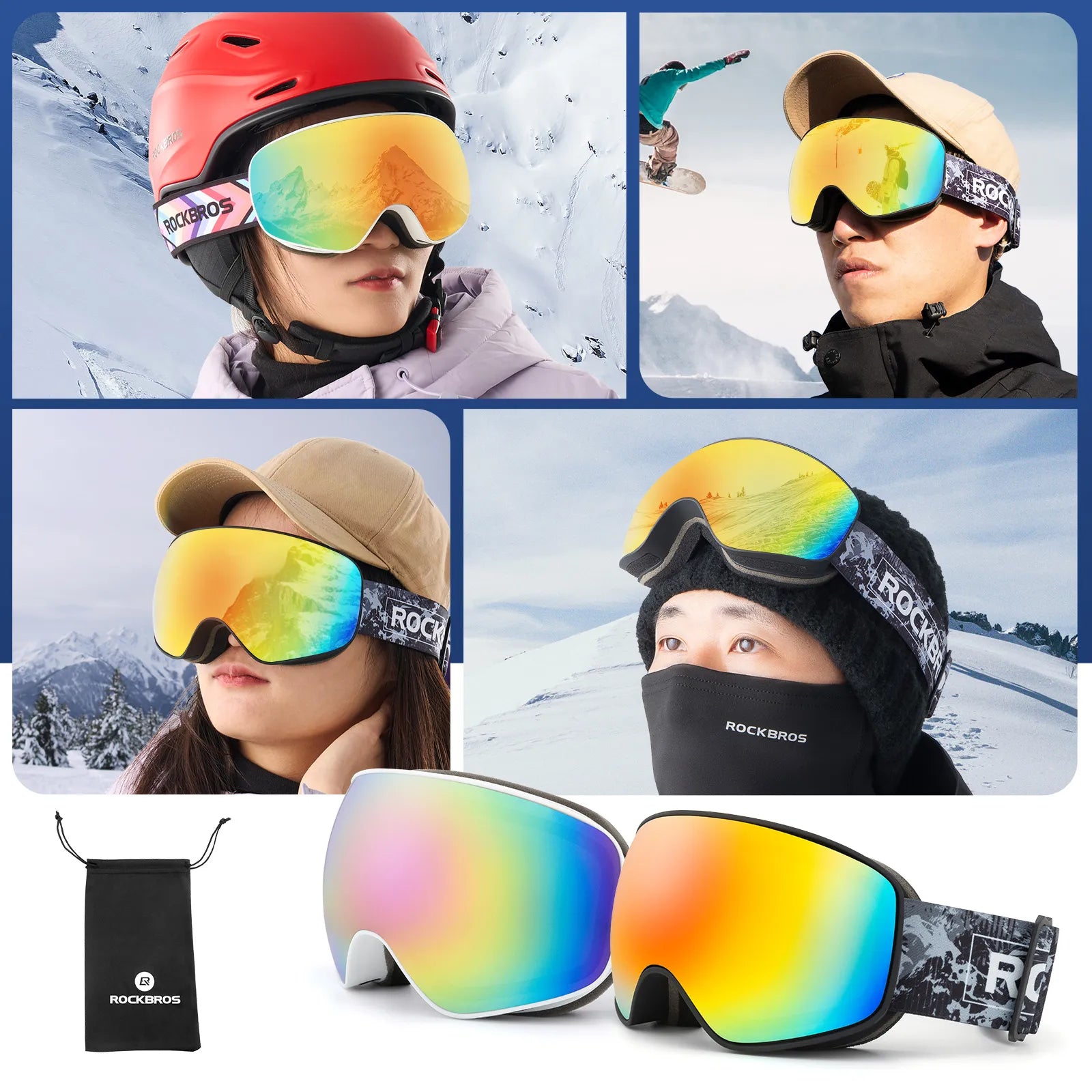 Rockbros family edition anti-fog ski goggles with double lens for adults and kids.
#color_black