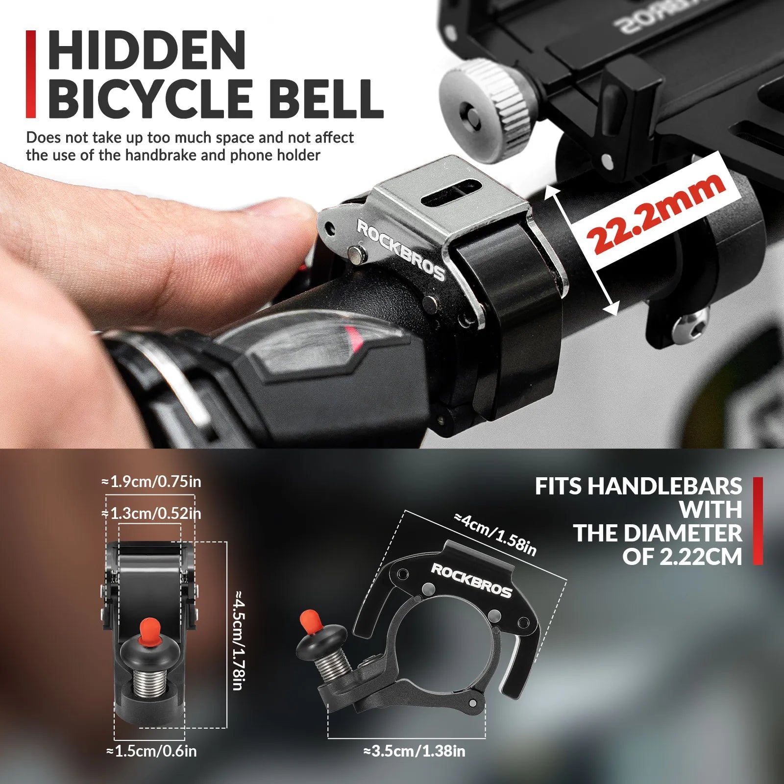 ROCKBROS C-Shape Mini Bike Bell in black, hidden bicycle bell for 22.2mm handlebars
#color_titanium
