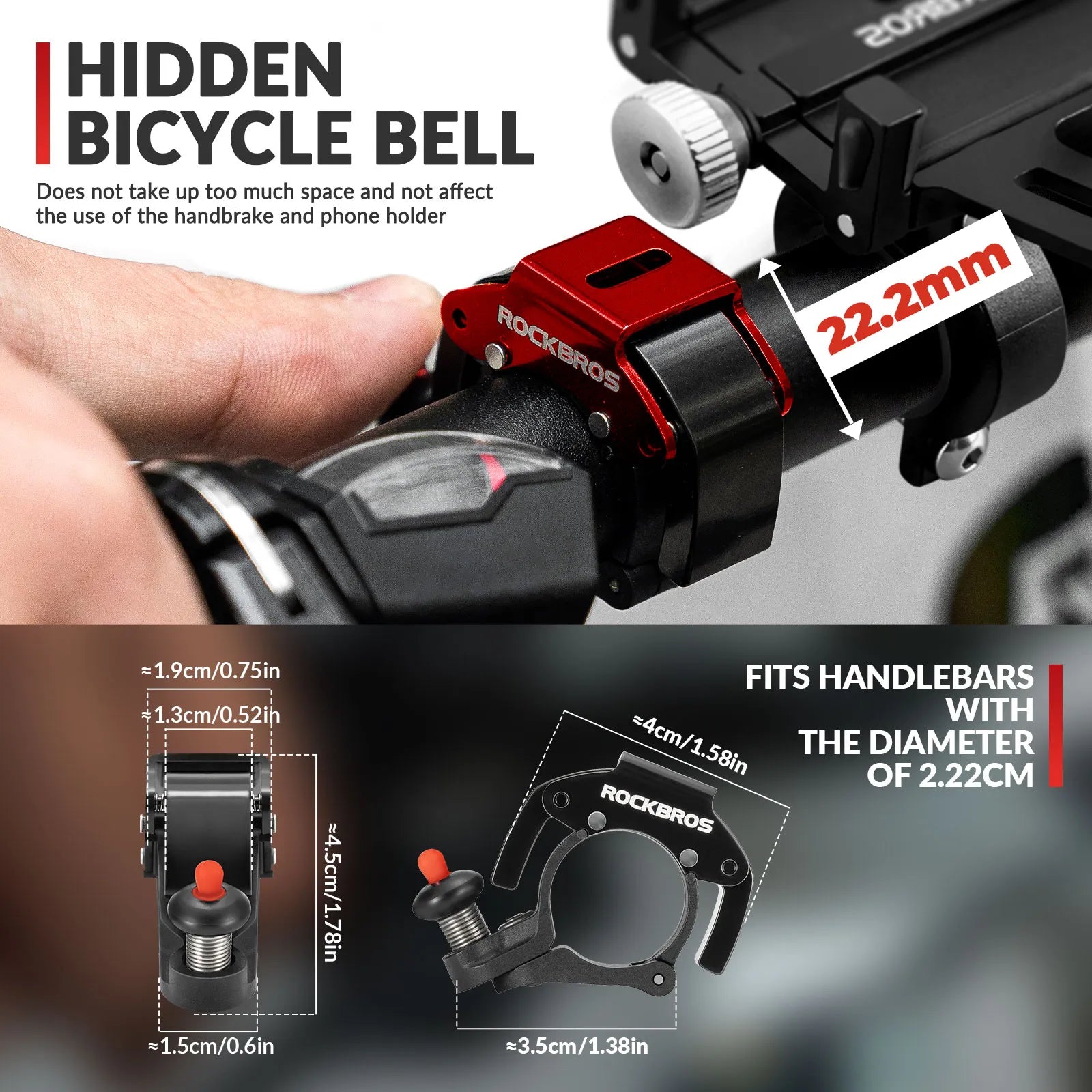 ROCKBROS C-Shape Mini Bike Bell in black, hidden bicycle bell for 22.2mm handlebars
#color_red